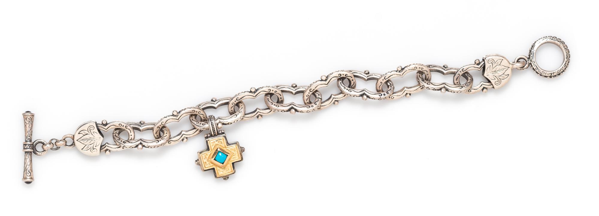 A Sterling Silver, 18 Karat Yellow Gold, Garnet and Turquoise Bracelet, Konstantino, 24.80 dwts.