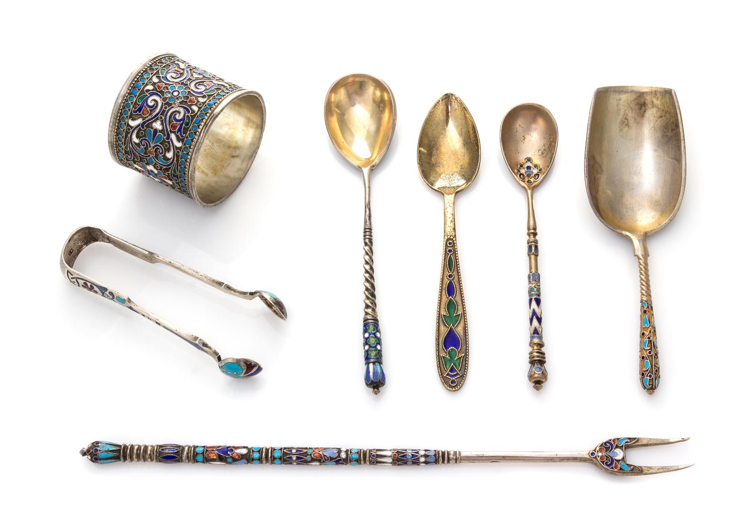 A Group of Russian Enameled Silver Table Articles