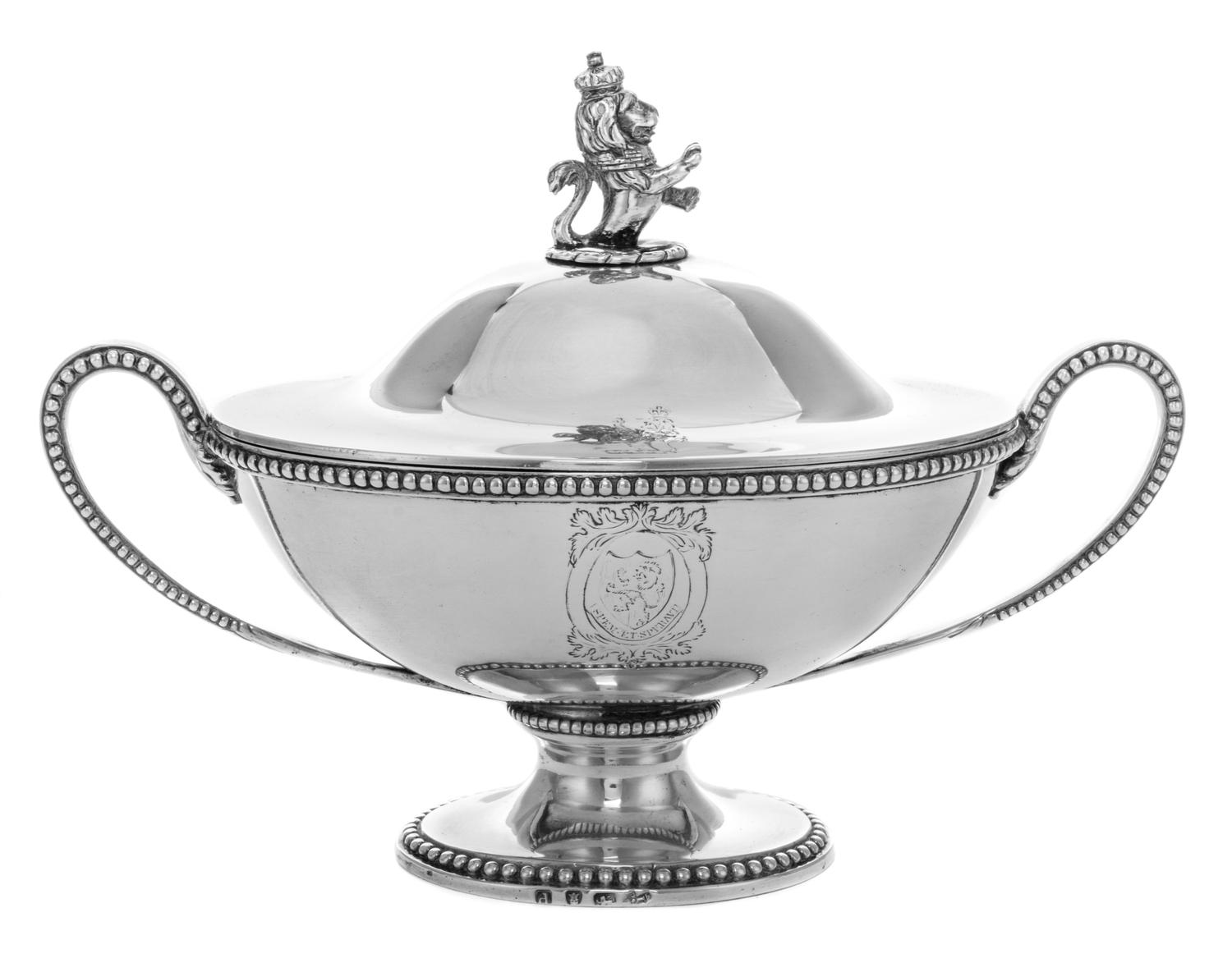 A George III Silver Sauce Tureen, Likely Pierre Gillois, London, Second Half 18th Century, of two-handled form, the lid with a rampant