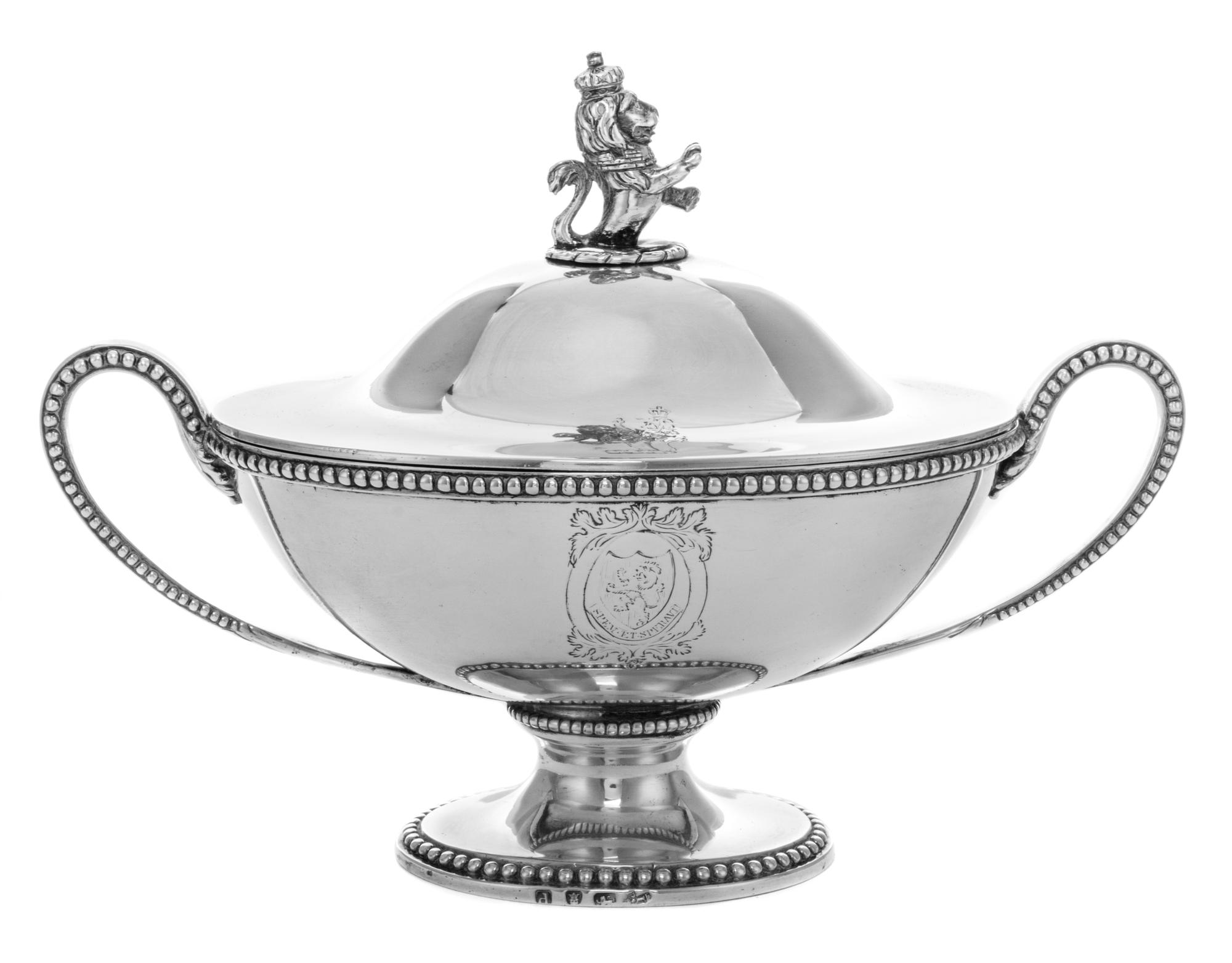 A George III Silver Sauce Tureen, Likely Pierre Gillois, London, Second Half 18th Century, of two-handled form, the lid with a rampant