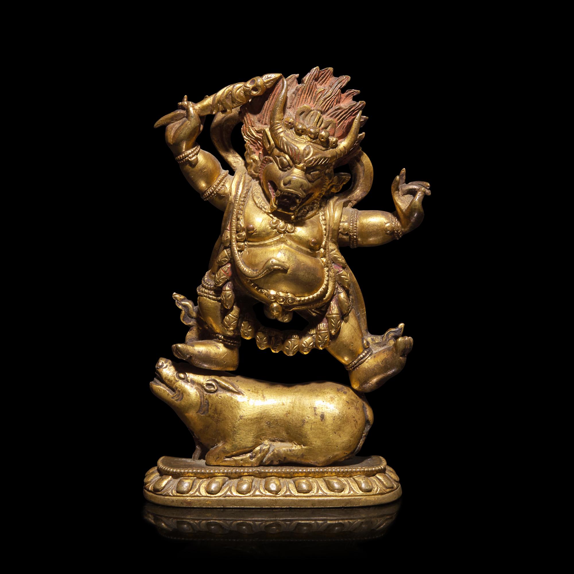 A Sino Tibetan Gilt Bronze Figure of Yama Dharmaraja, Qing Dynasty, 17th/18th Century — 十七/十八世紀 銅鎏金閻摩法王立像