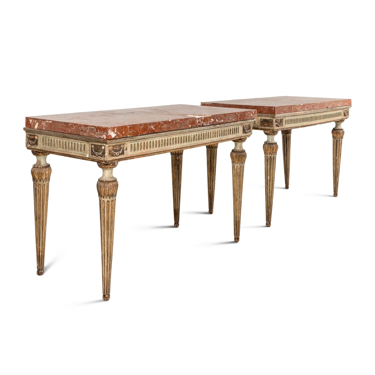 A Pair of Italian Neoclassical Painted and Parcel Gilt Marble-Top Console Tables