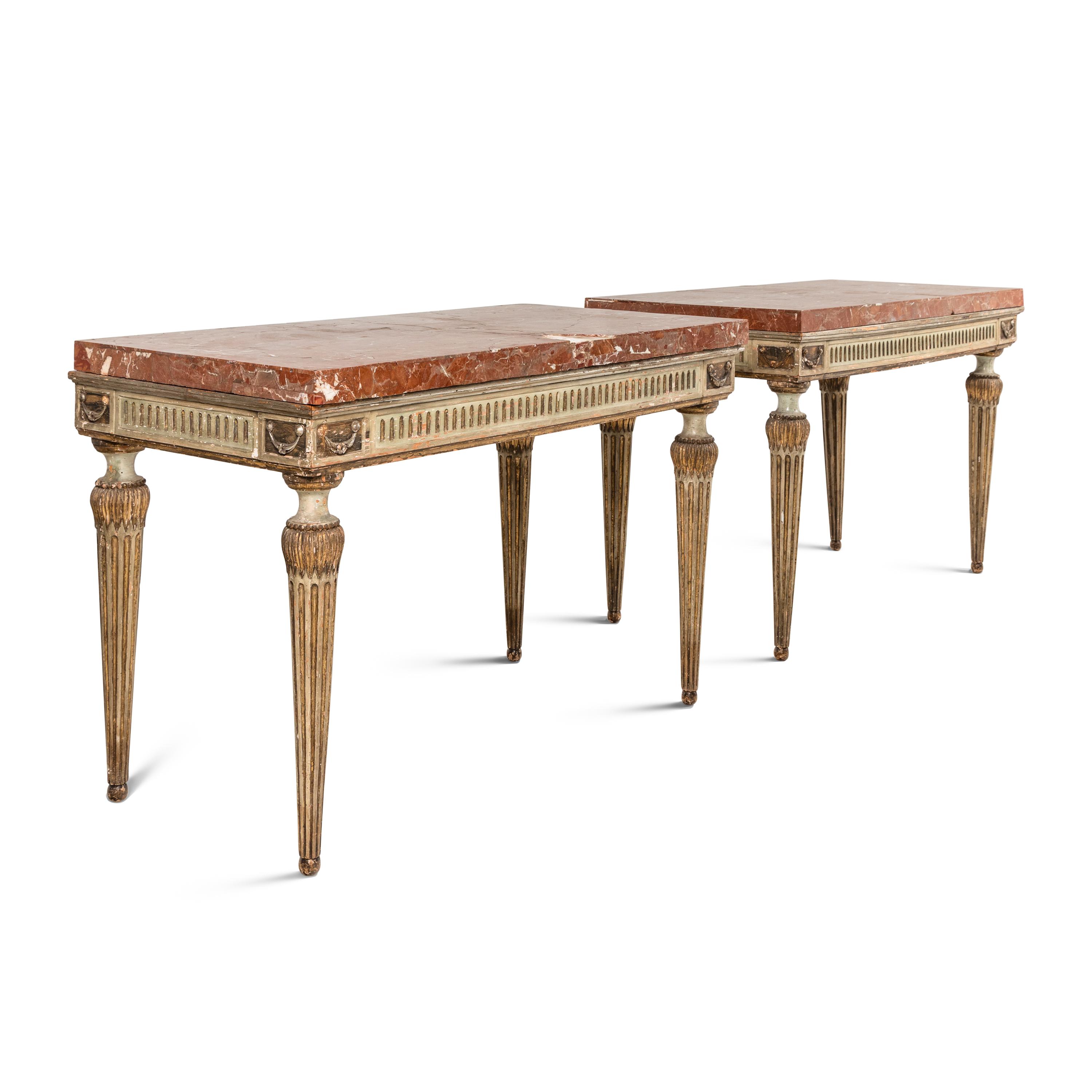 A Pair of Italian Neoclassical Painted and Parcel Gilt Marble-Top Console Tables