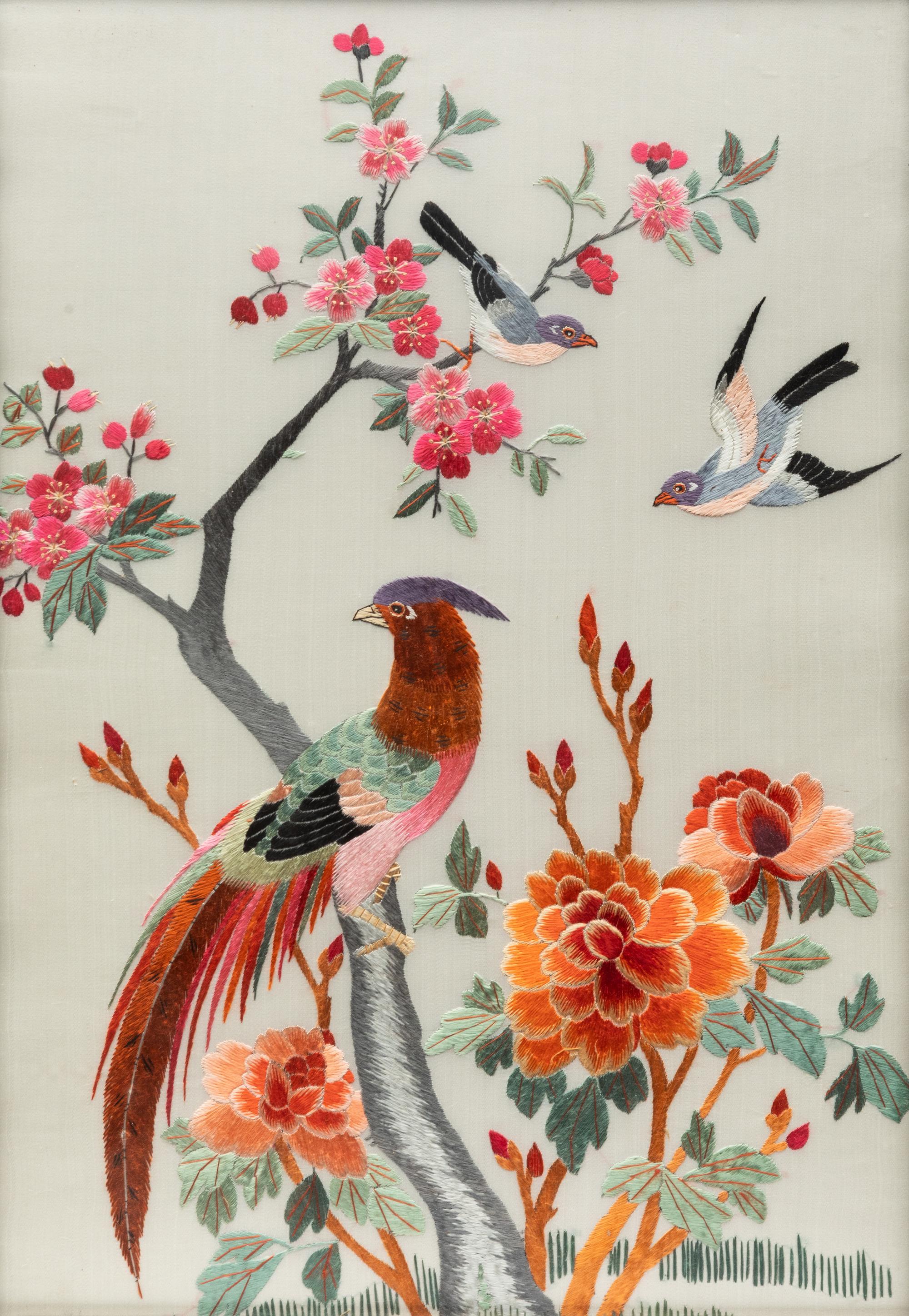 Five Chinese and Japanese Embroidered Silk Panels