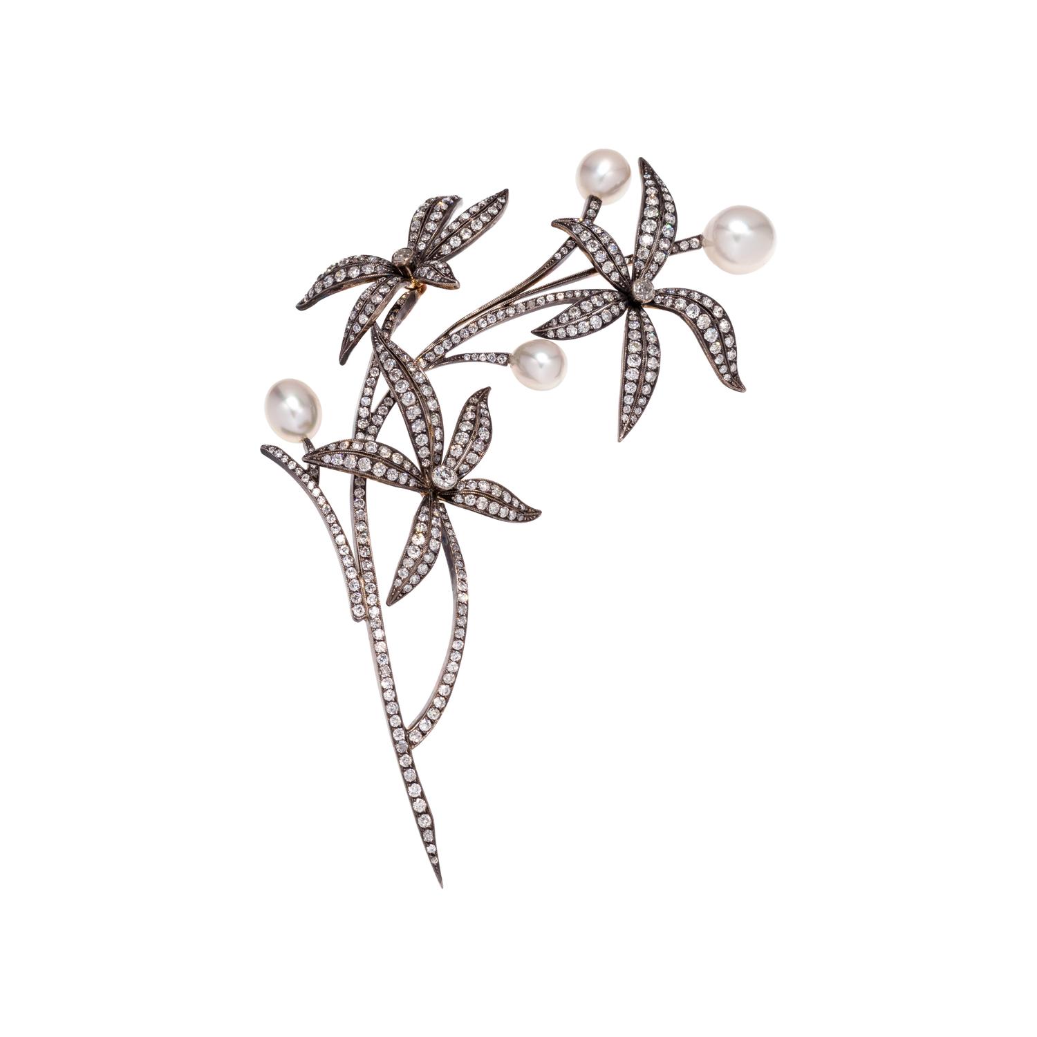 EVELYN CLOTHIER, DIAMOND AND CULTURED PEARL FLOWER BROOCH