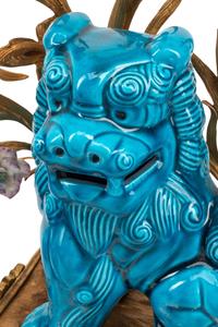 A Pair of French Gilt Bronze Mounted Turquoise Glazed Porcelain Guardian Lion Candelabra