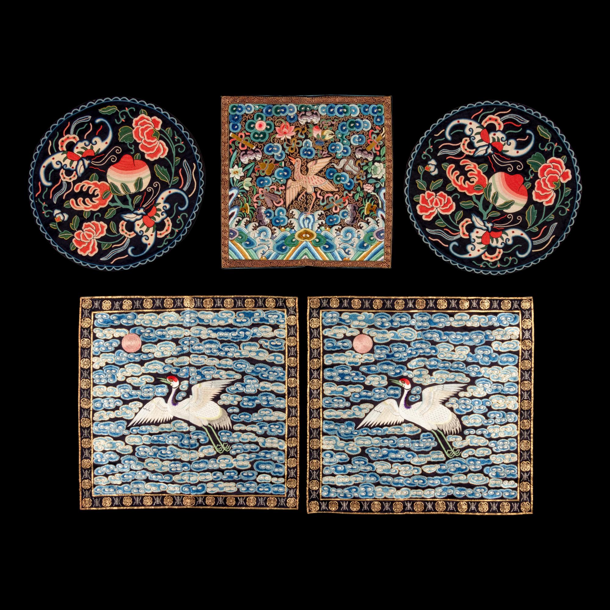 Five Chinese Embroidered Rank Badges and Roundels, 20th Century 近代 綉片及補子五幅