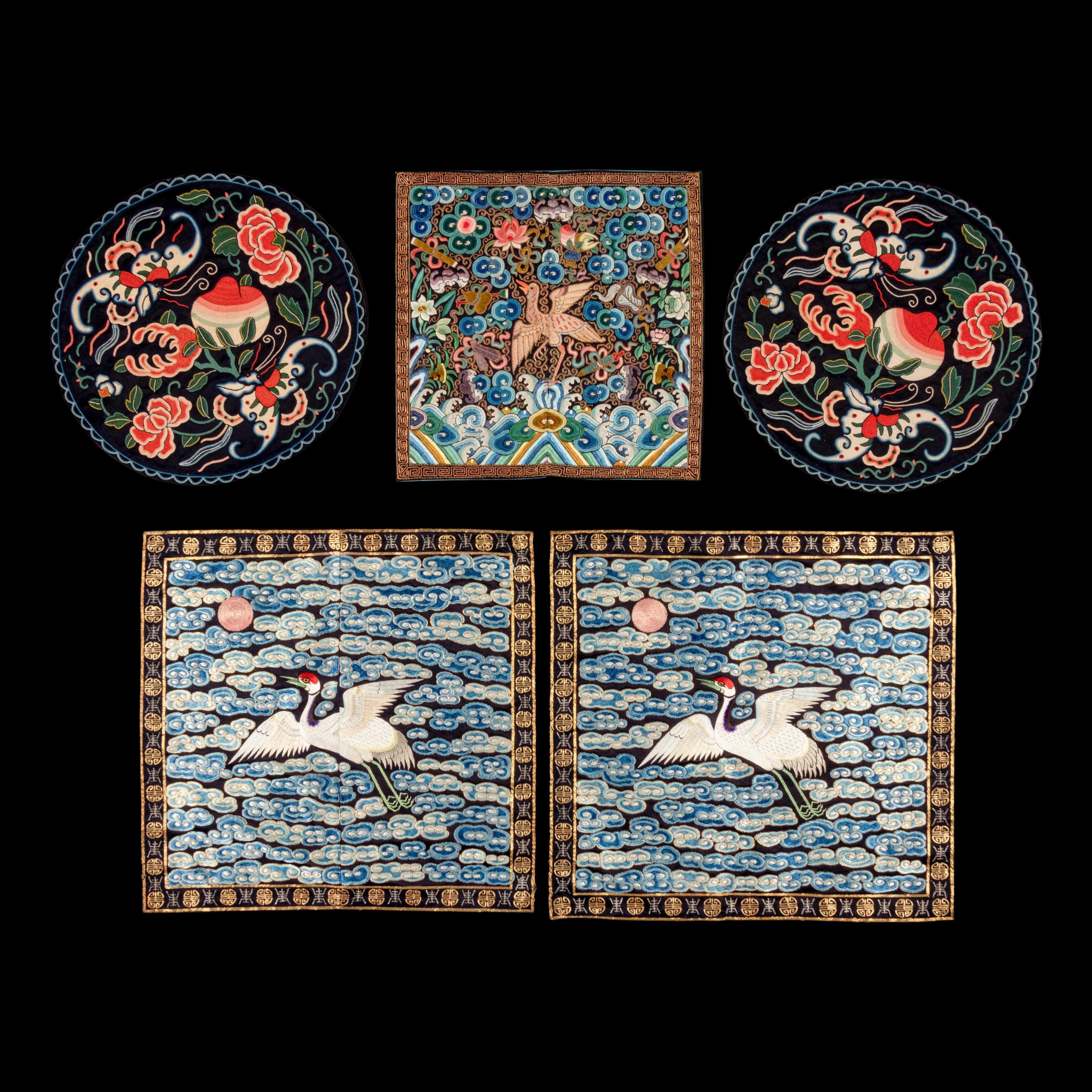 Five Chinese Embroidered Rank Badges and Roundels, 20th Century 近代 綉片及補子五幅