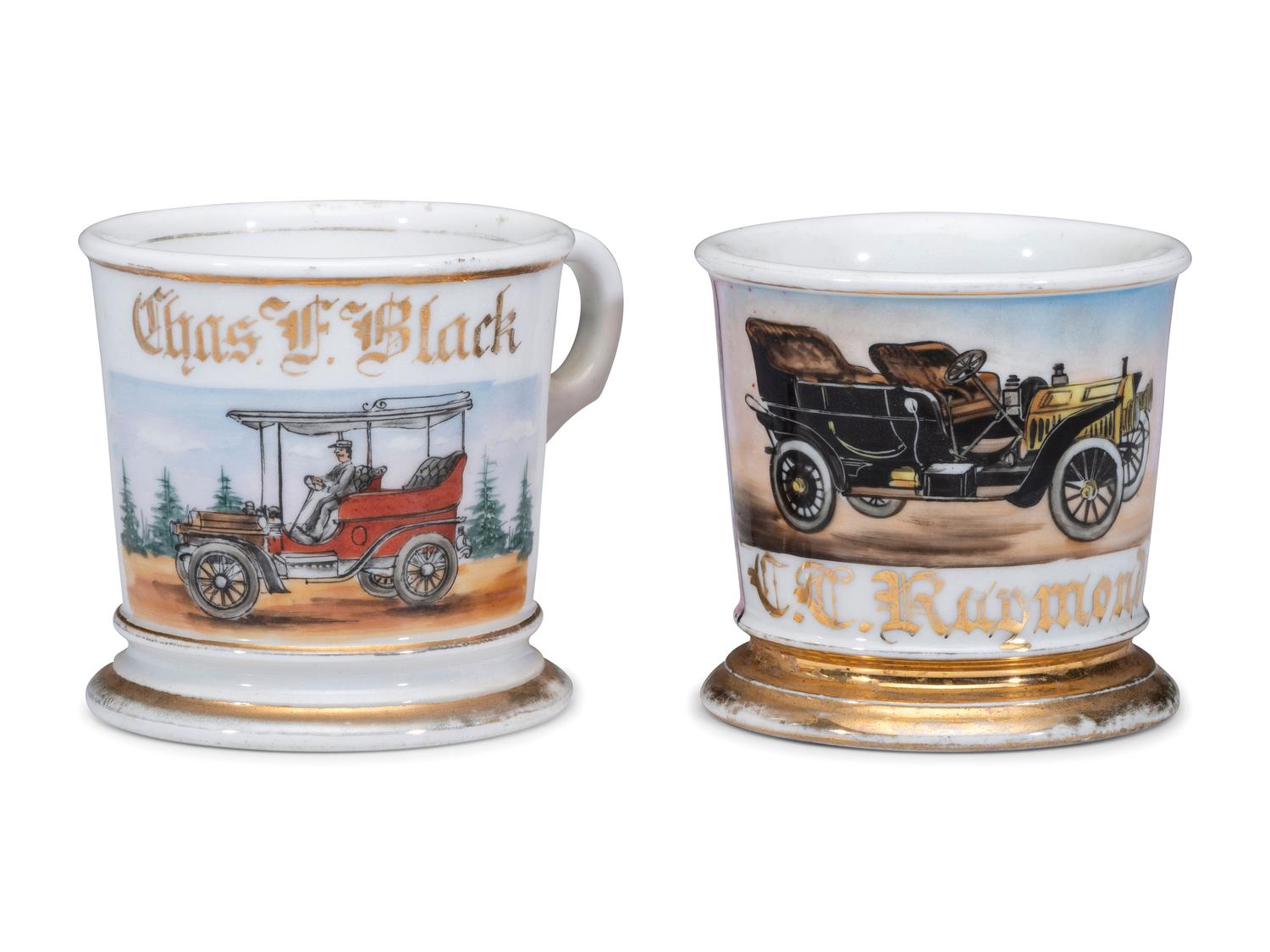 Two Open Touring Car Porcelain Occupational Shaving Mugs
