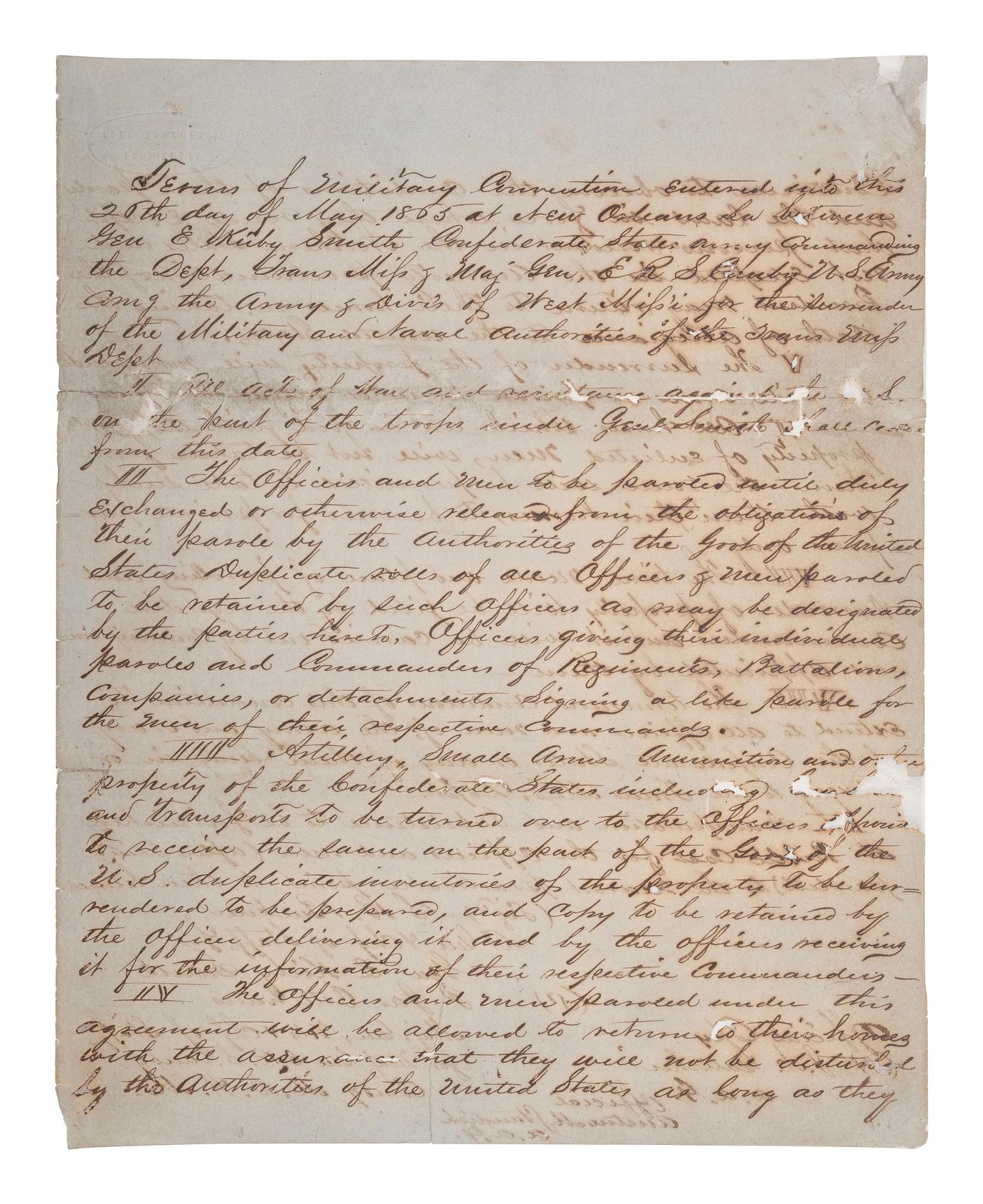 [CIVIL WAR]. CANBY, Major Gen. E.R.S. (1817-1873). Terms of Military Convention entered into this 26th day of May 1865 at New Orleans.... " Official Copy." New Orleans, LA. 26 May 1865.