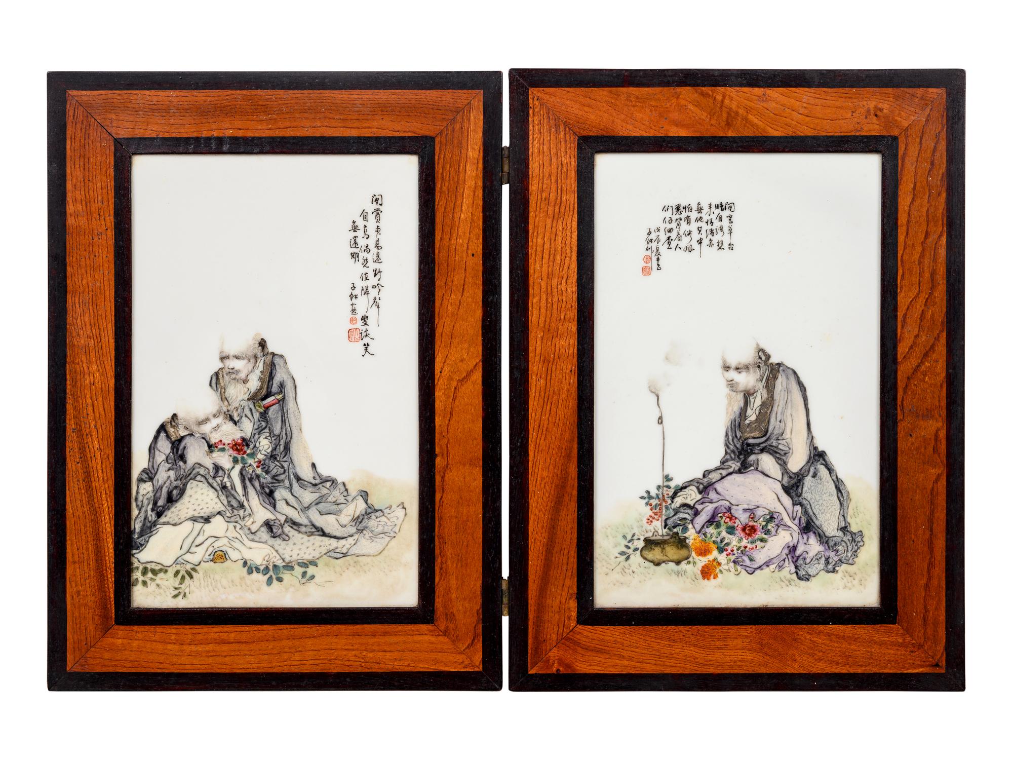 A Set of Four Famille Rose Porcelain Inset Wood Panels