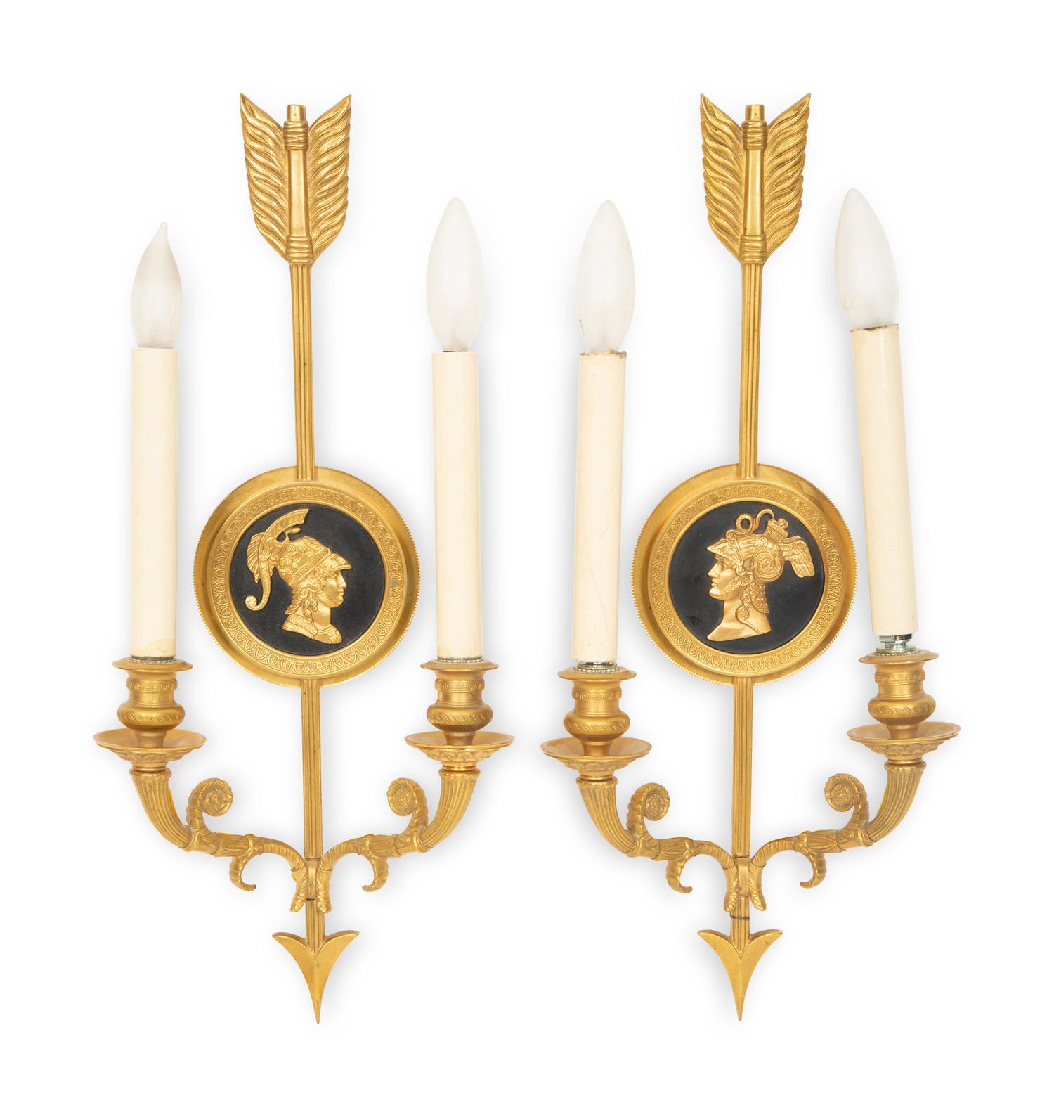 A Pair of Neoclassical Style Gilt Bronze Two Light Wall Sconces with Portrait Medallions