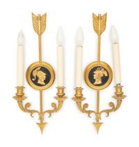 A Pair of Neoclassical Style Gilt Bronze Two Light Wall Sconces with Portrait Medallions