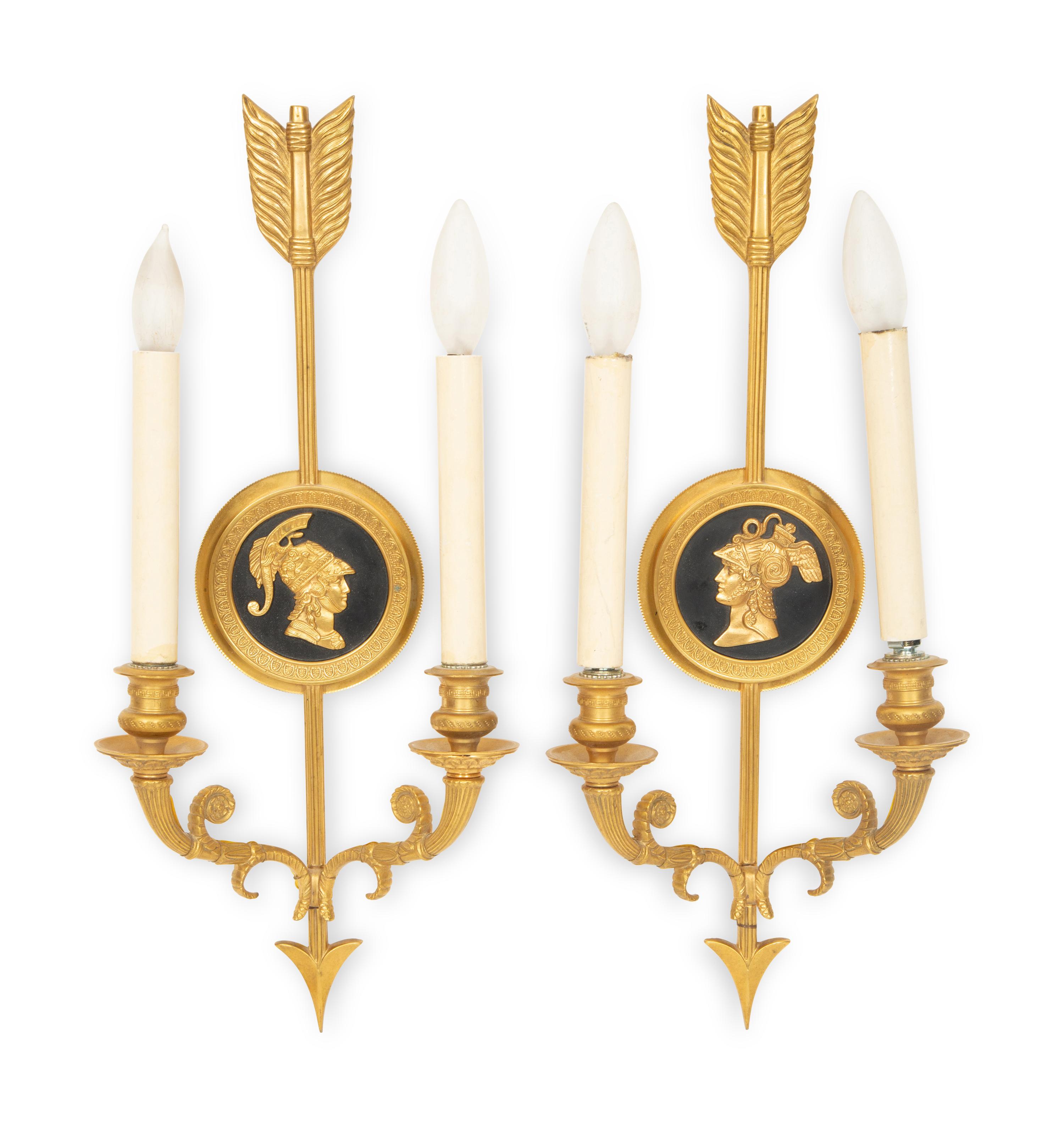 A Pair of Neoclassical Style Gilt Bronze Two Light Wall Sconces with Portrait Medallions