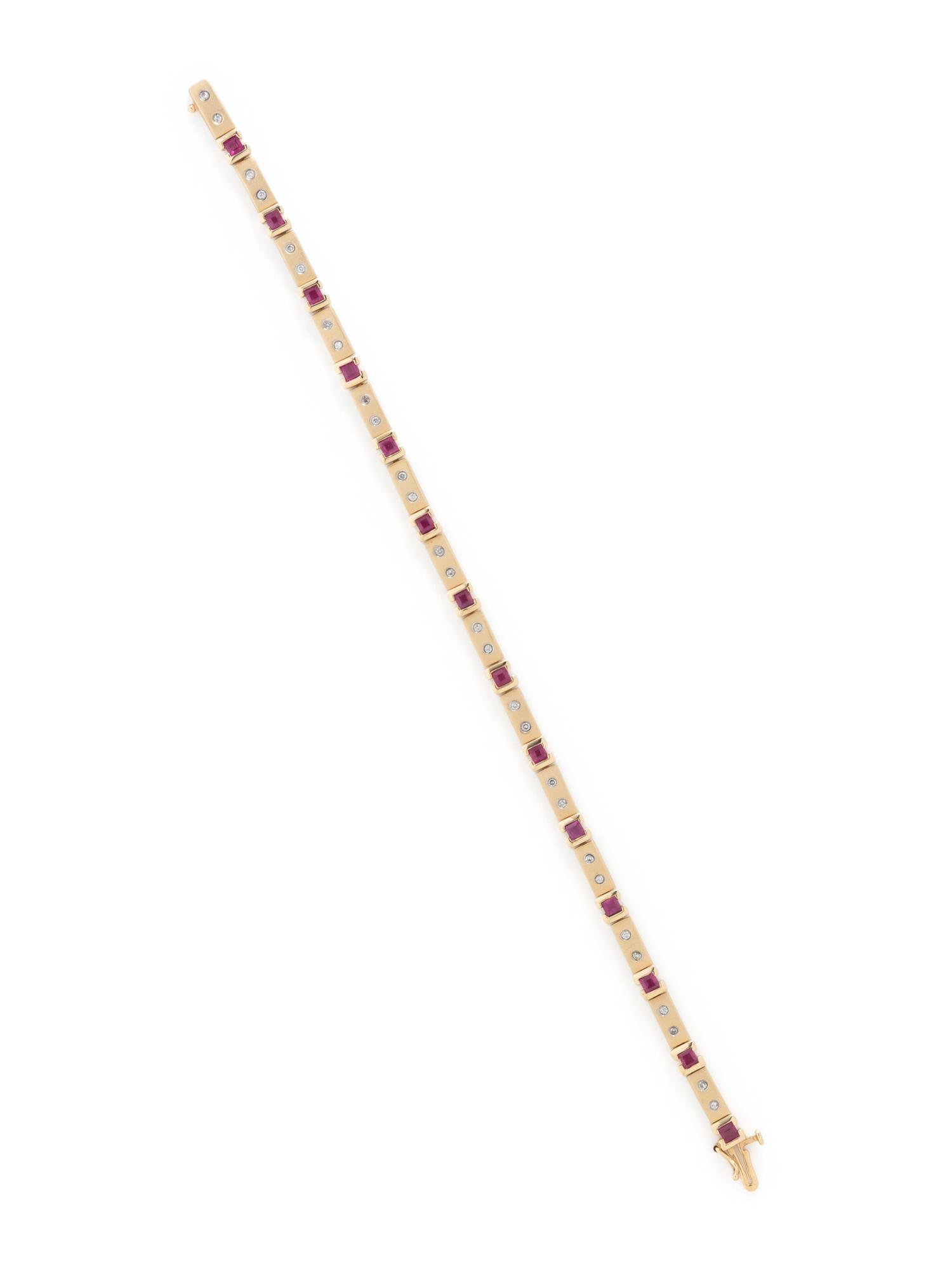 YELLOW GOLD, SYNTHETIC RUBY, AND DIAMOND BRACELET