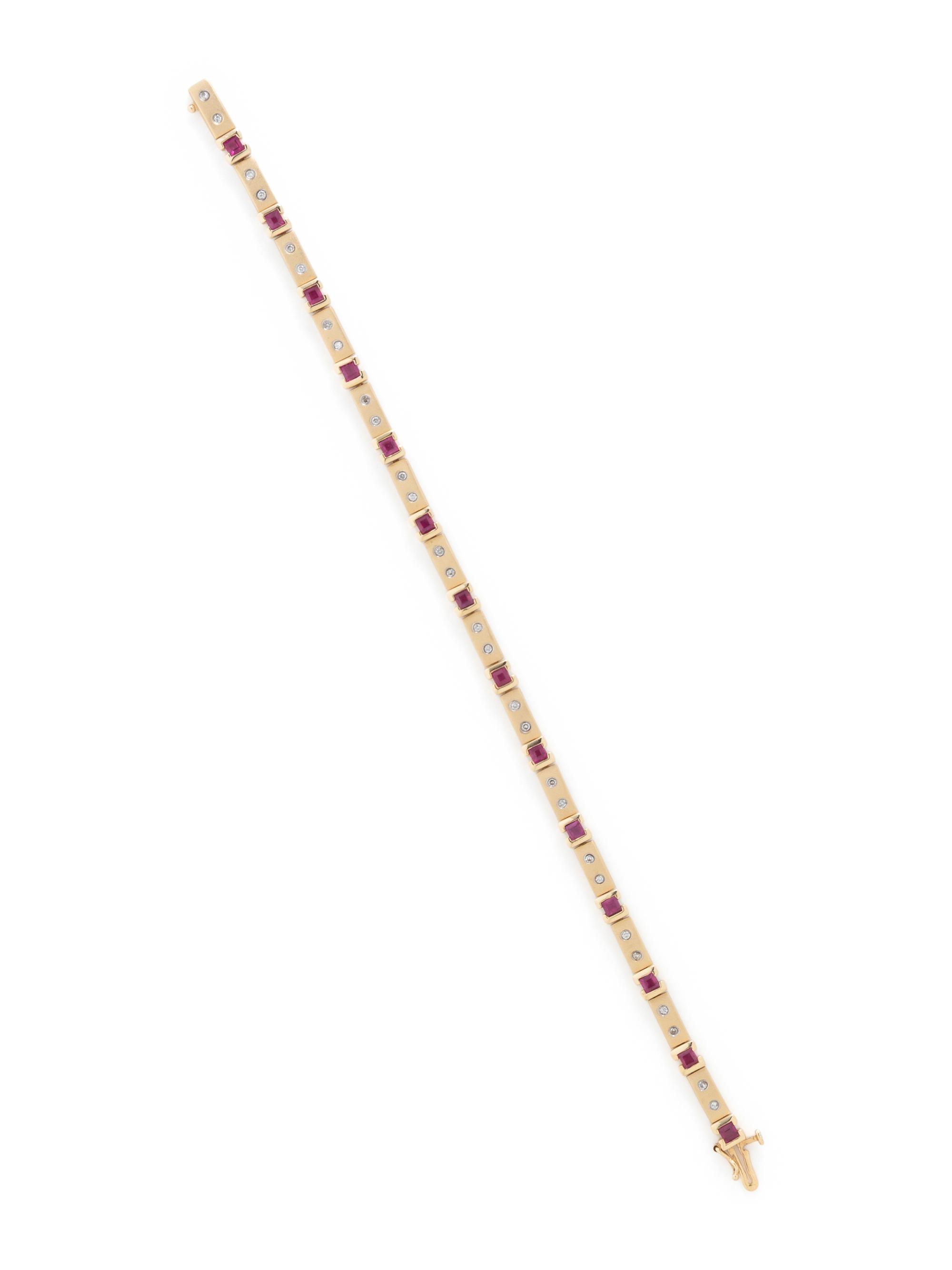 YELLOW GOLD, SYNTHETIC RUBY, AND DIAMOND BRACELET