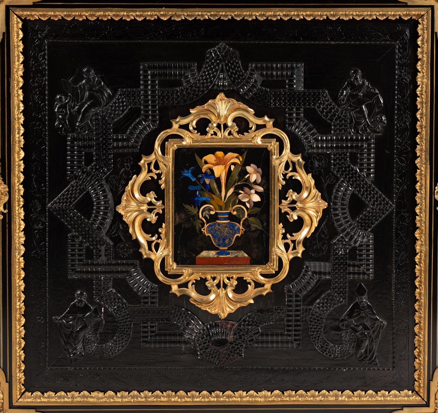A Napoleon III Bas Relief-Carved, Gilt Bronze Mounted and Pietra Dura-Inset Marble-Top Cabinet