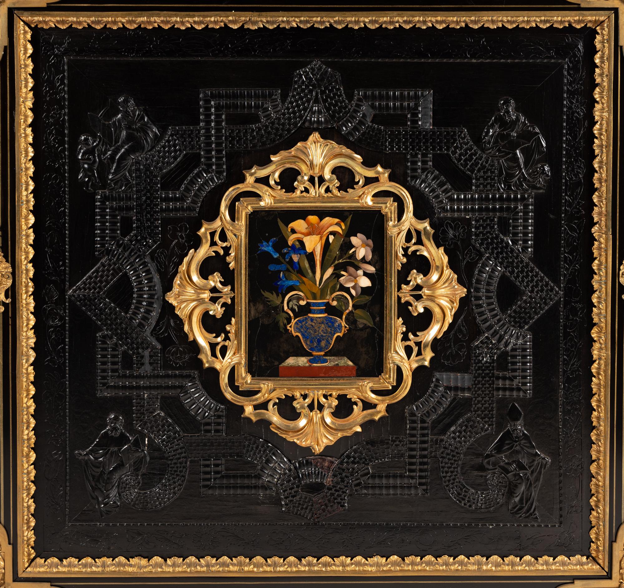 A Napoleon III Bas Relief-Carved, Gilt Bronze Mounted and Pietra Dura-Inset Marble-Top Cabinet