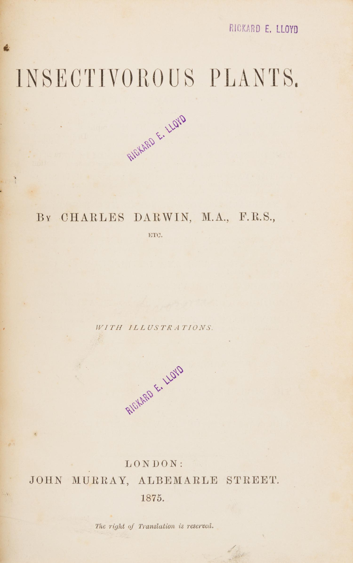 DARWIN, Charles (1809-1882). Insectivorous Plants. London: John Murray, 1875.