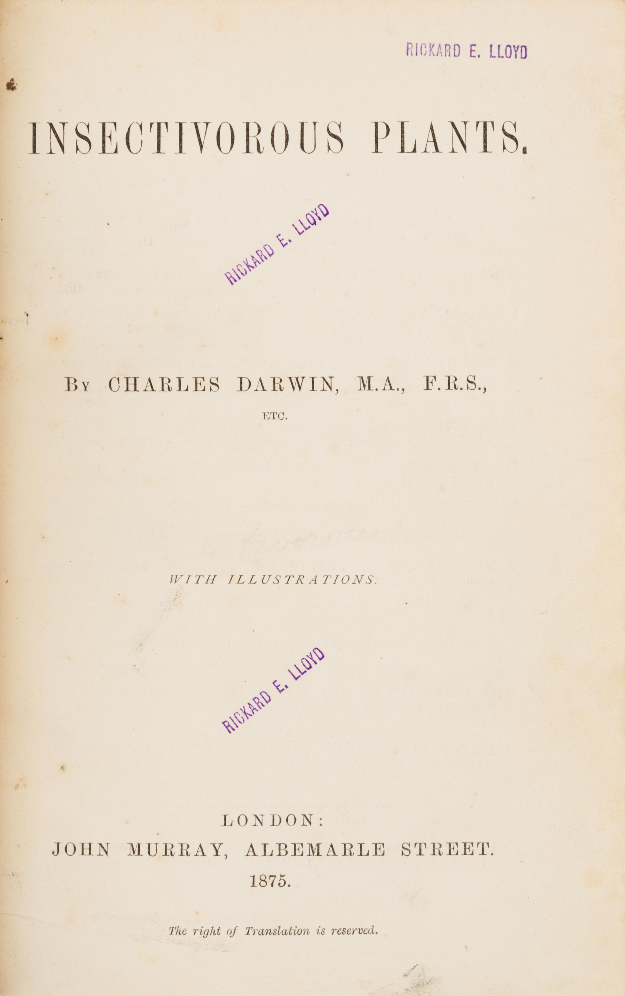 DARWIN, Charles (1809-1882). Insectivorous Plants. London: John Murray, 1875.