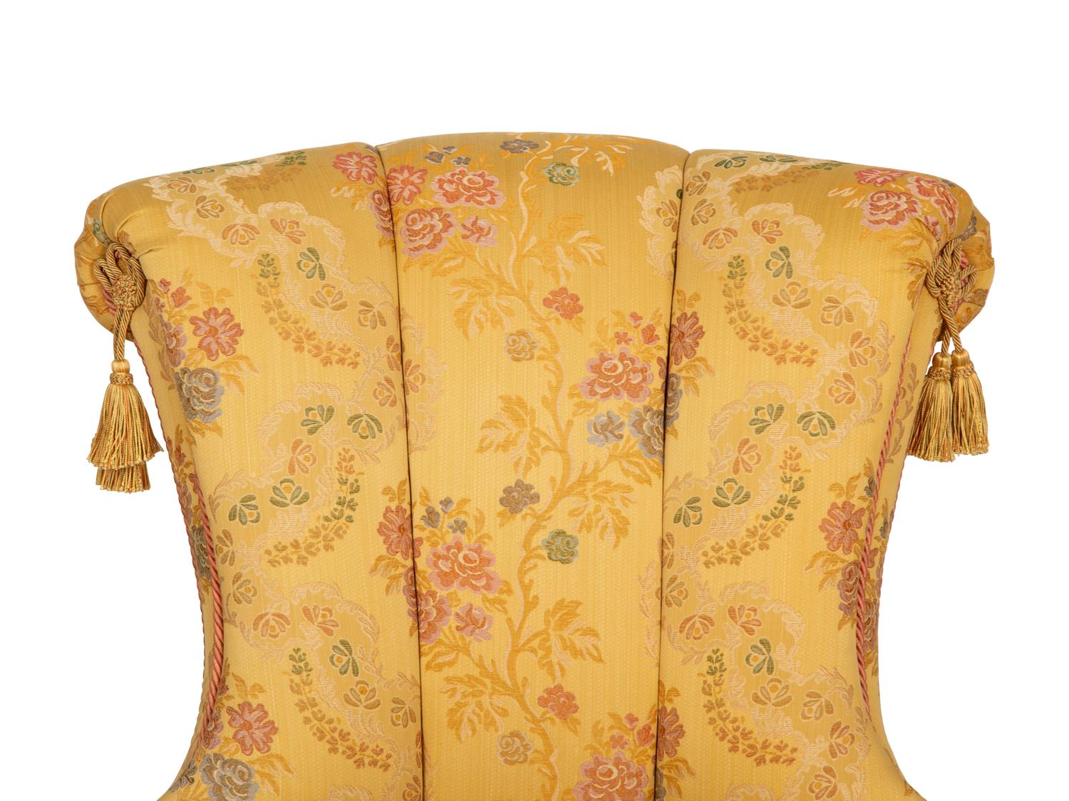A Pair of Tufted Slipper Chairs with Scalamandré Gabrielle Gold Lampas Upholstery