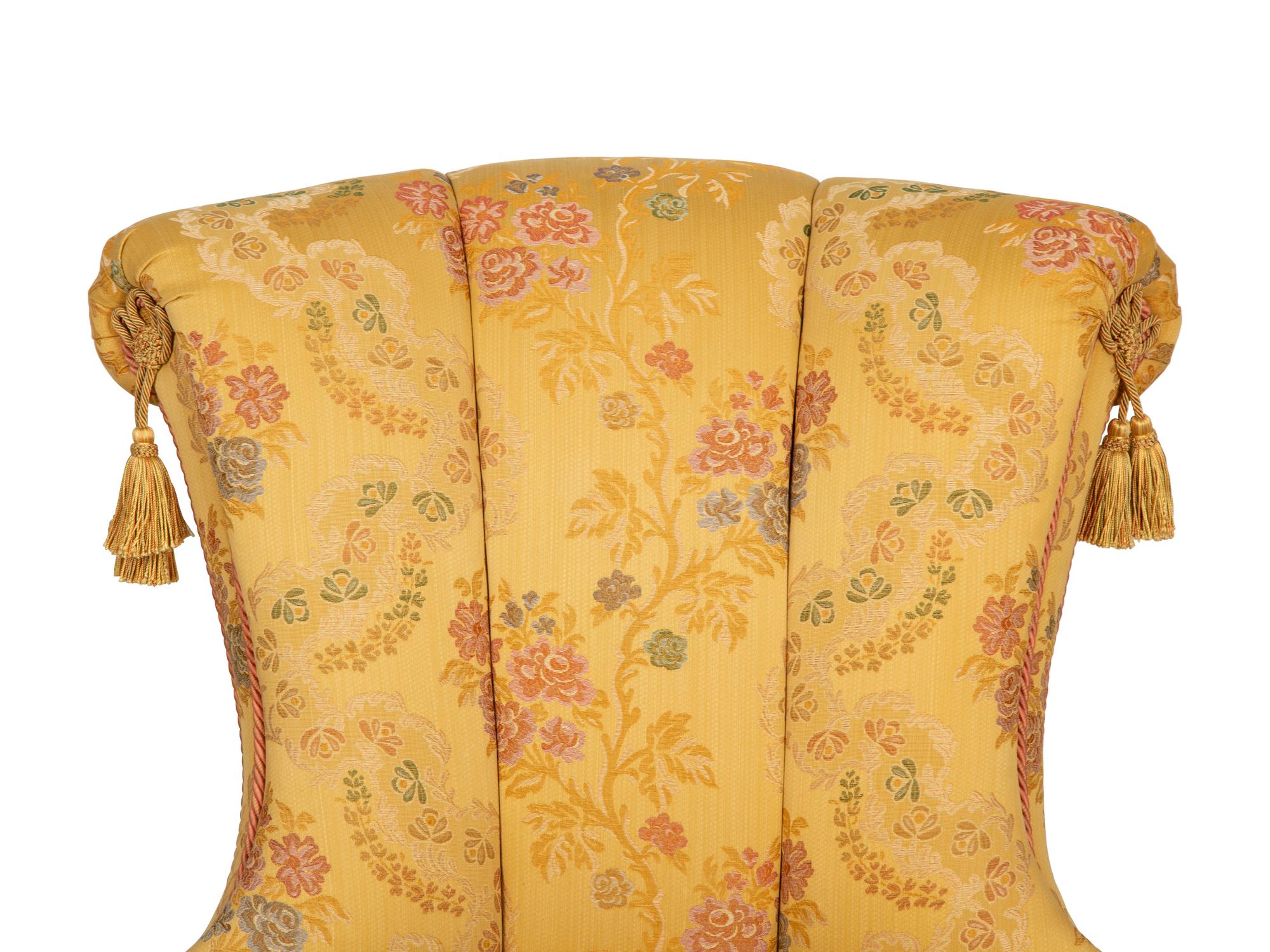 A Pair of Tufted Slipper Chairs with Scalamandré Gabrielle Gold Lampas Upholstery