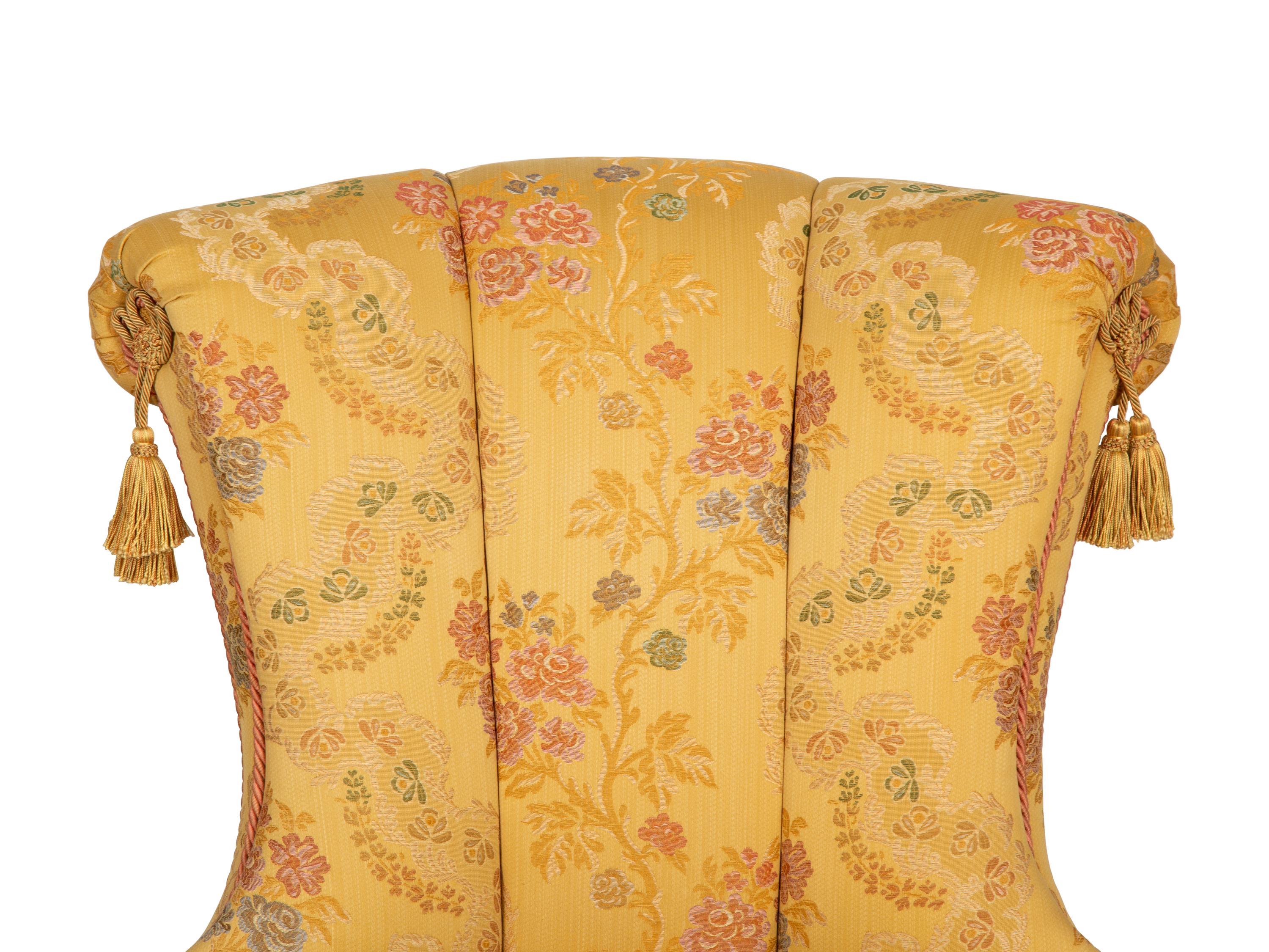 A Pair of Tufted Slipper Chairs with Scalamandré Gabrielle Gold Lampas Upholstery