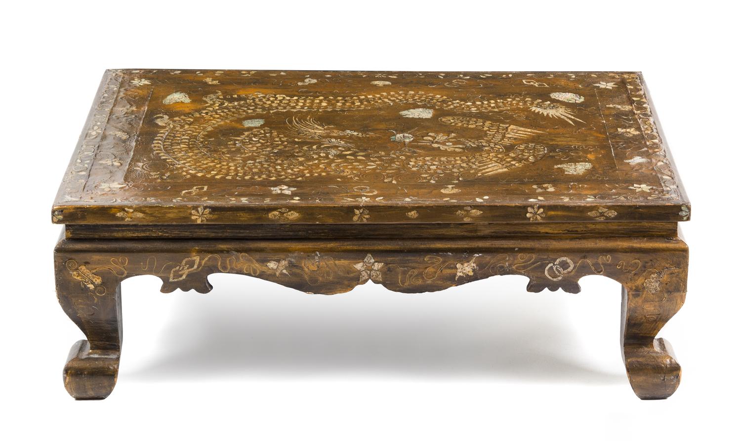 A Mother-of-Pearl, Shagreen and Tortoiseshell Inlaid Brown Lacquered Wood Chow Table Height 13 x length 38 x depth 26 inches. — JOSEON DYNASTY, 18TH/19TH CENTURY