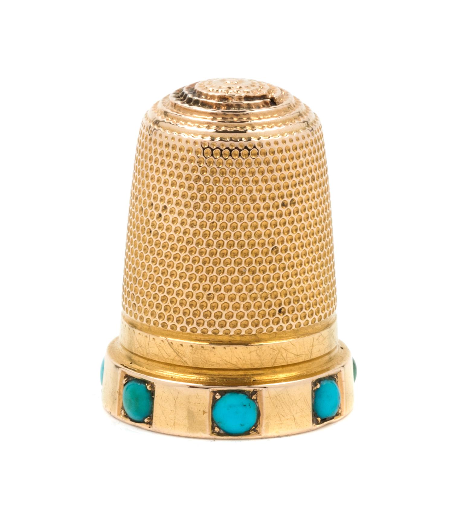 A Yellow Gold and Turquoise Thimble, , the knurled top and body above the base inset with turquoise cabochons.