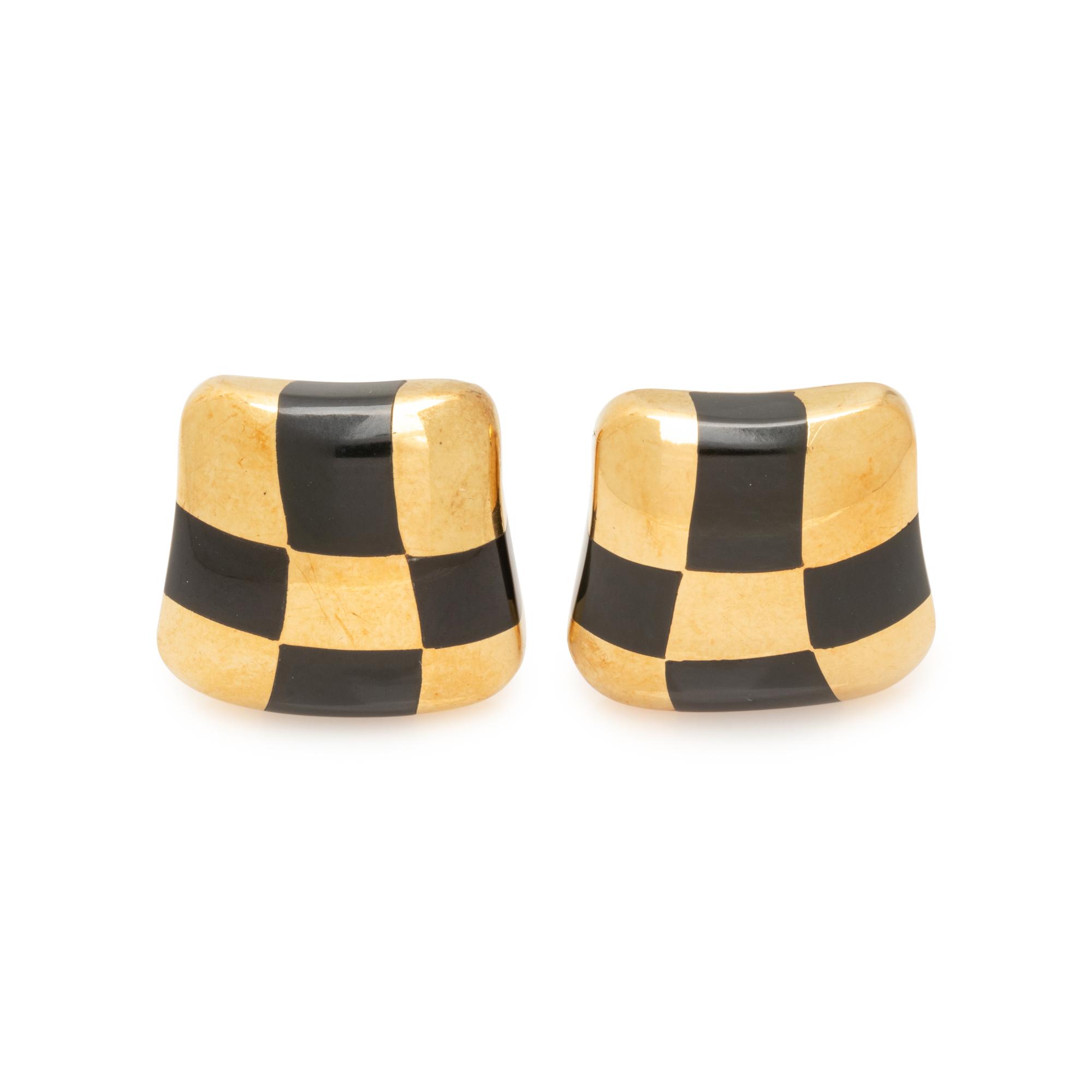 ANGELA CUMMINGS, YELLOW GOLD AND BLACK JADE EARCLIPS