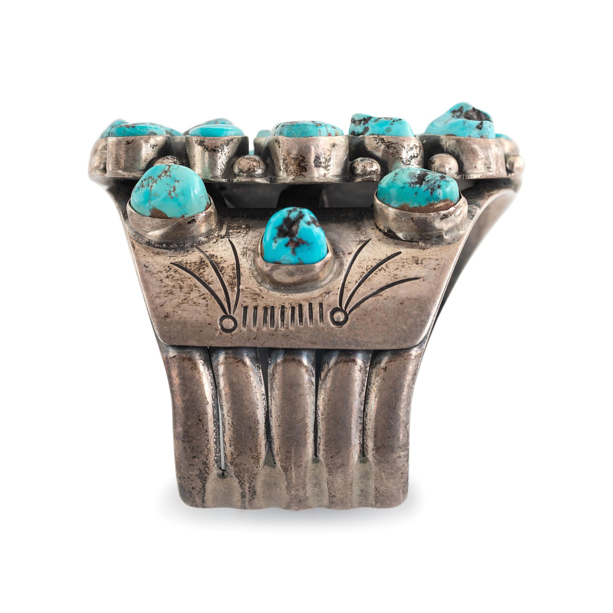 Navajo Silver and Turquoise Cluster Cuff Bracelet