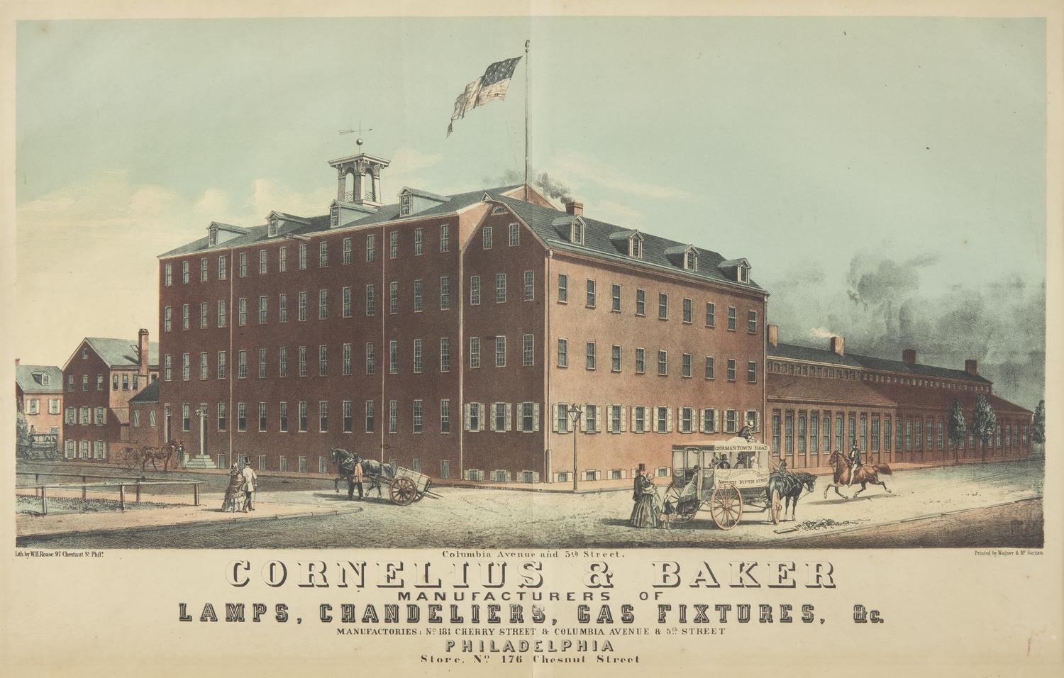 A Colored Lithograph Advertisement for the Cornelius & Baker Factory at Columbia Avenue and 5th Street, by William H. Rease (c. 1818-1893), Printed by Wagner & McGuigan, Philadelphia, PA, 1856