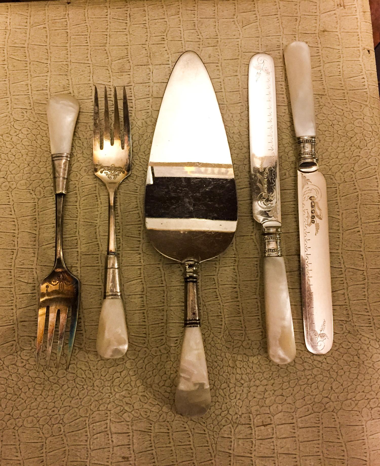 An English Silver, Silver-Plate and Mother of Pearl Dessert Service, , comprising 6 dessert knives, 7 fruit knives, 6 dessert forks and