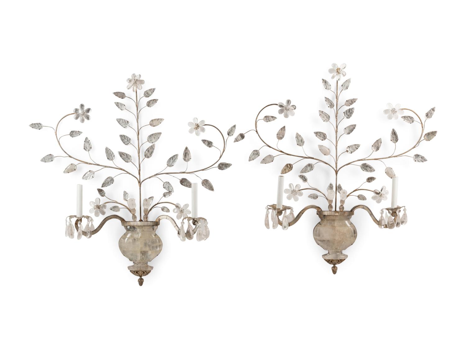 A Pair of Rock Crystal Mounted Two-Light Sconces in the Style of Maison Baguès