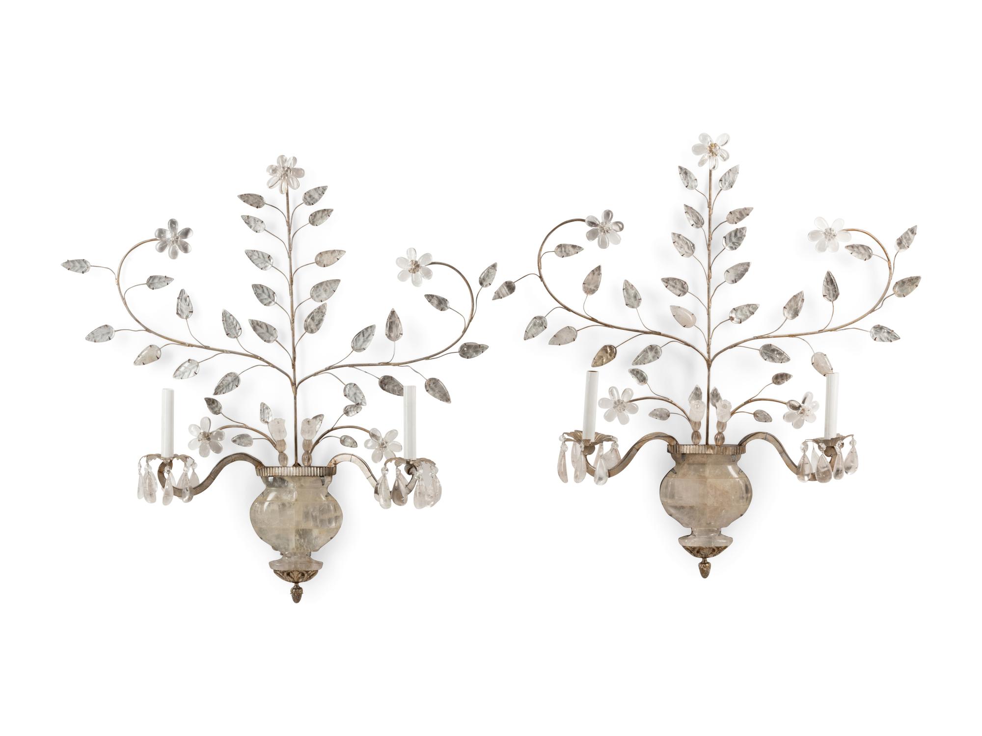 A Pair of Rock Crystal Mounted Two-Light Sconces in the Style of Maison Baguès