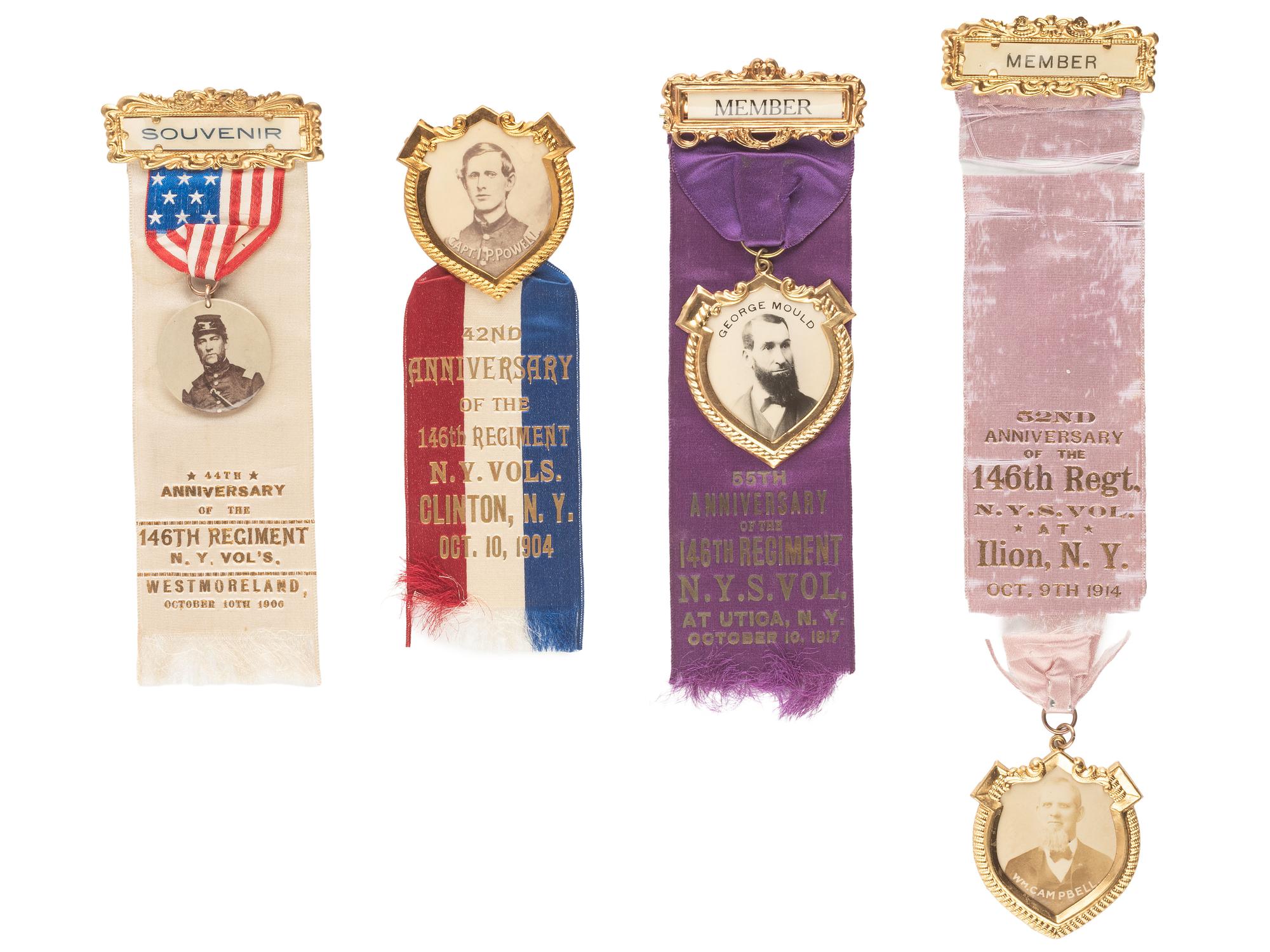 [CIVIL WAR]. 21 GAR ribbons and badges representing various regiments, incl. 146 NY Vols.