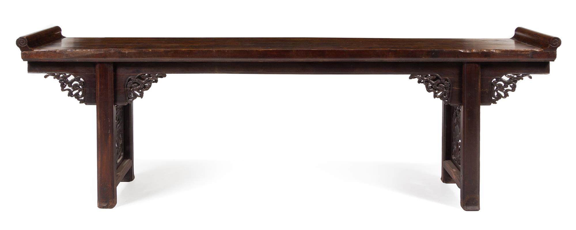 A Large Chinese Elmwood Altar Table, Qiaotou'an Height 37 1/4 x width 115 1/2 x depth 19 3/4 inches. — QING DYNASTY (1644-1911)