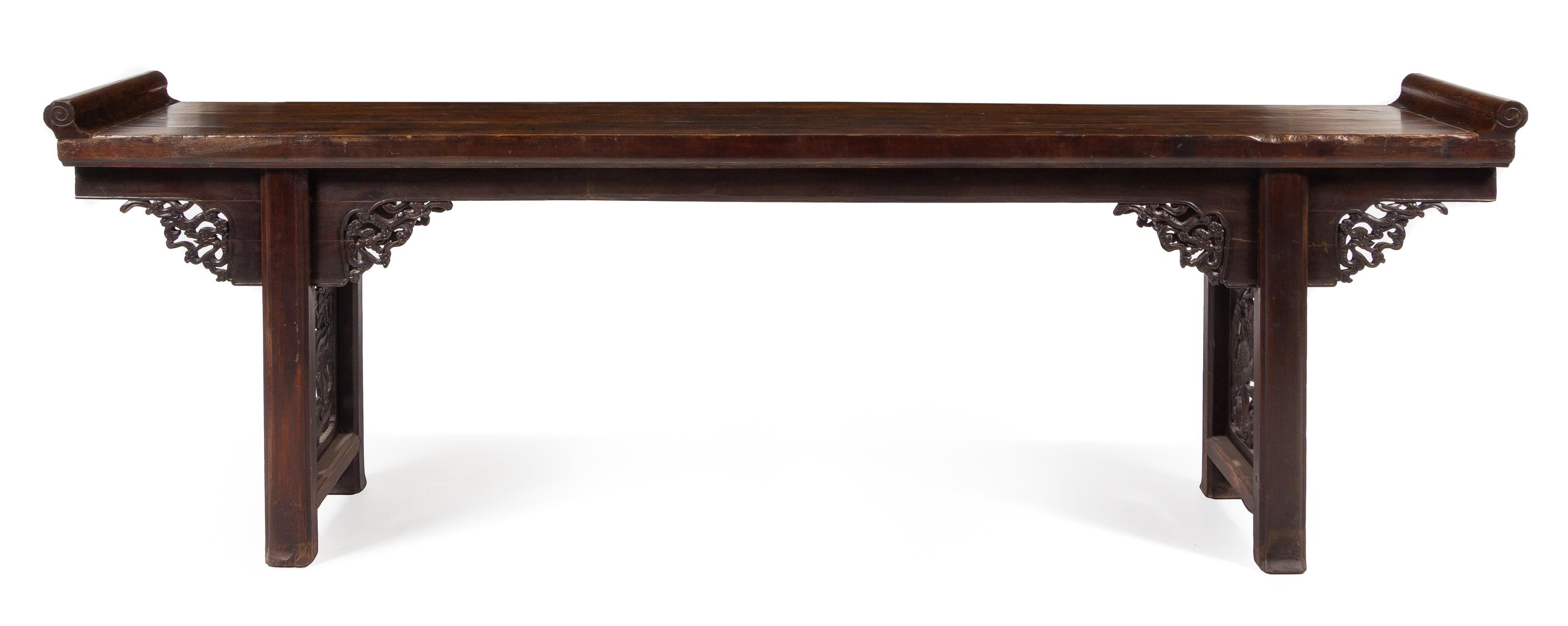 A Large Chinese Elmwood Altar Table, Qiaotou'an Height 37 1/4 x width 115 1/2 x depth 19 3/4 inches. — QING DYNASTY (1644-1911)