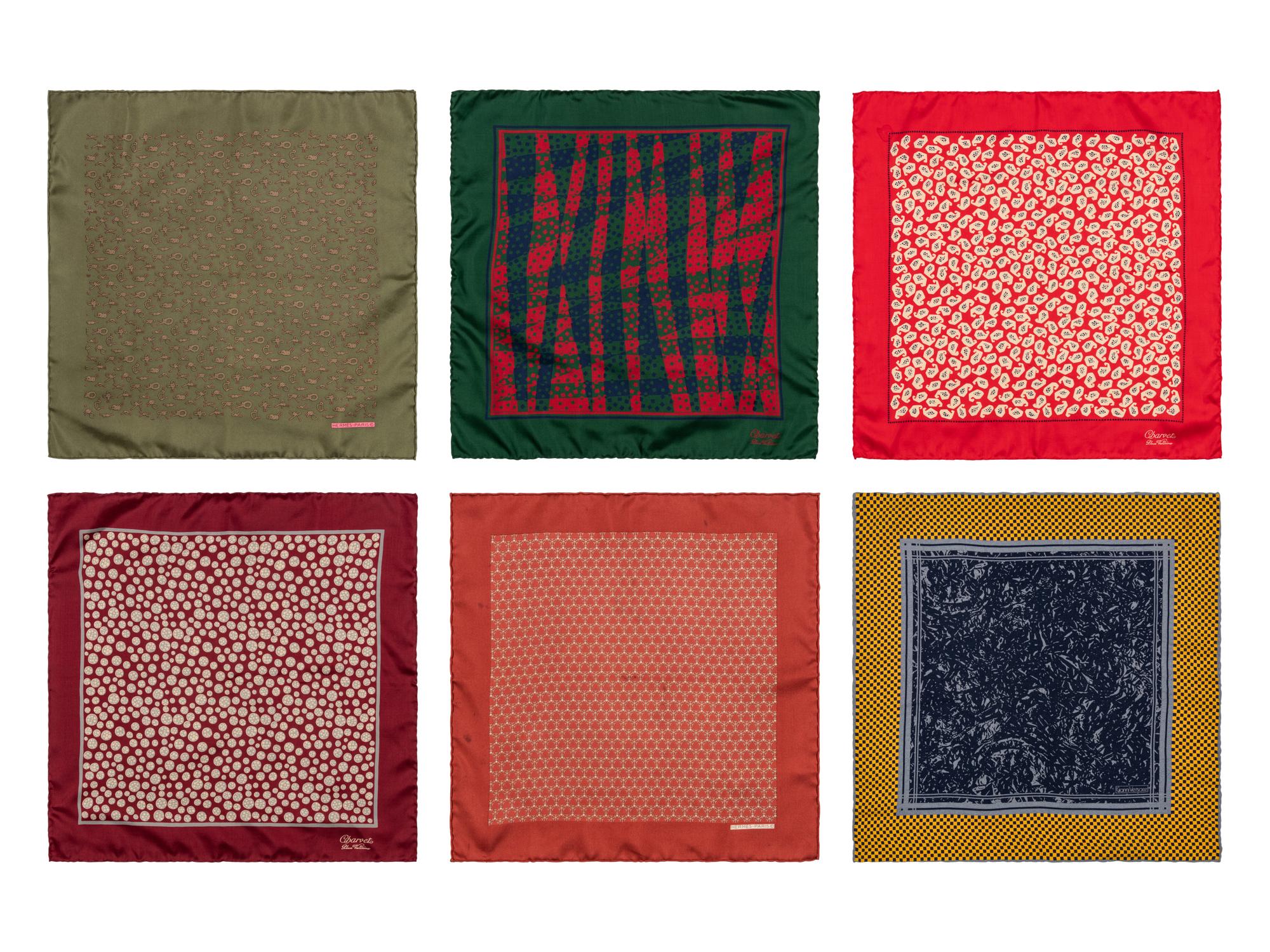Six Pocket Squares by Hermès, Charvet, and Gianni Versace