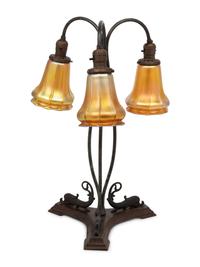 A Cast Metal Three-Light Lamp with Quezal Aurene Glass Shades