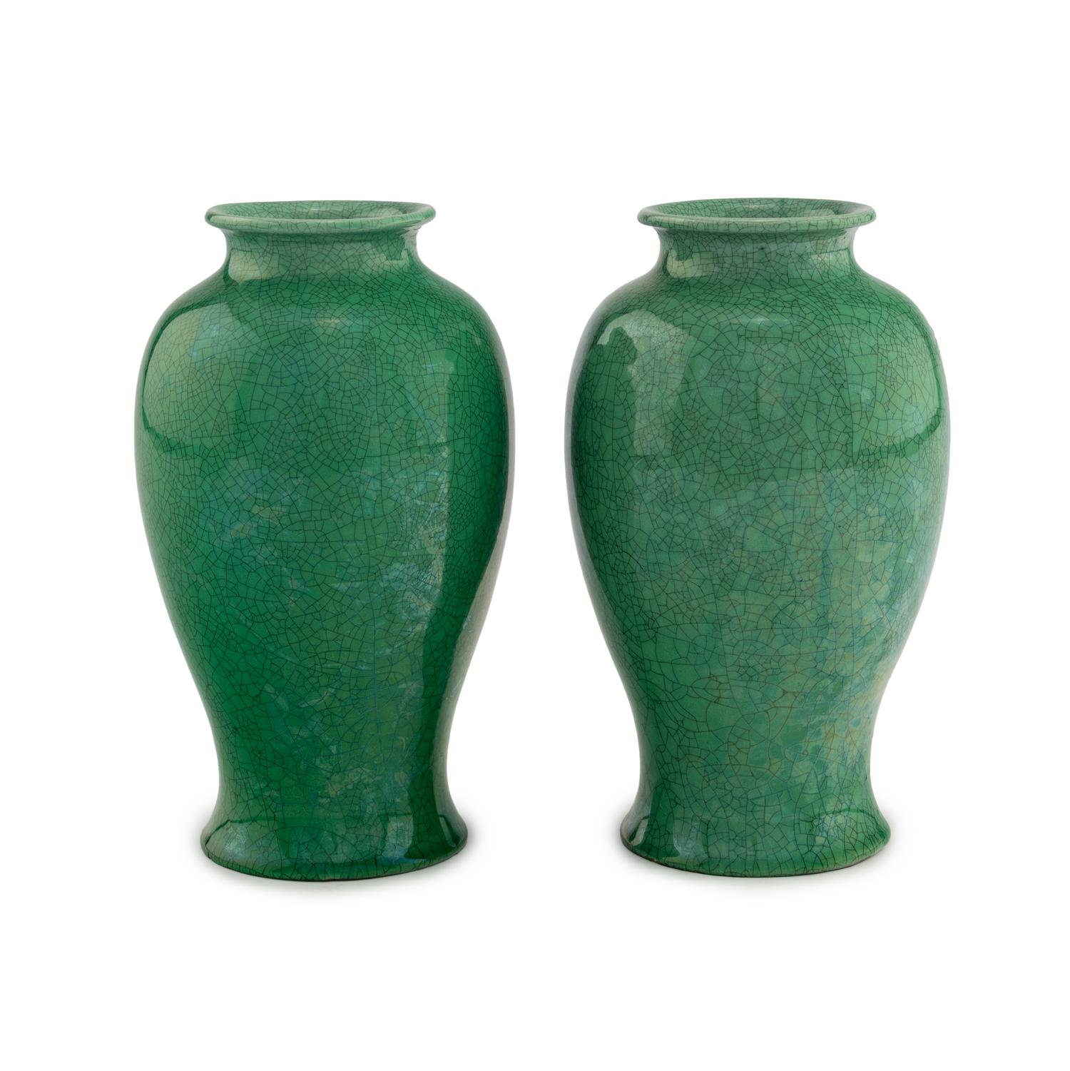 A Pair of Awaji Green Crackle Glazed Ceramic Vases