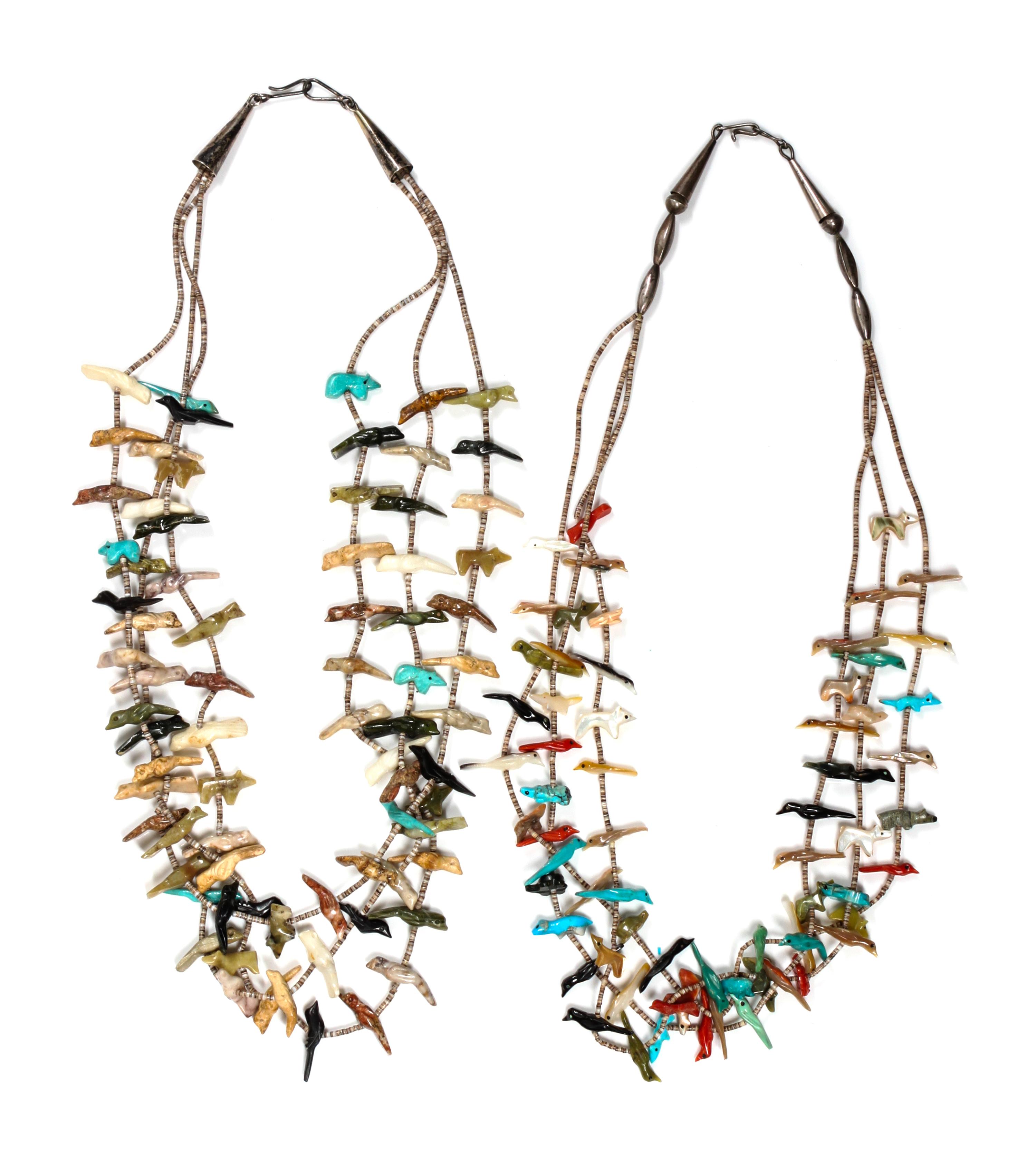 Two Zuni Three Strand Fetish Necklaces Length of each 30 inches.