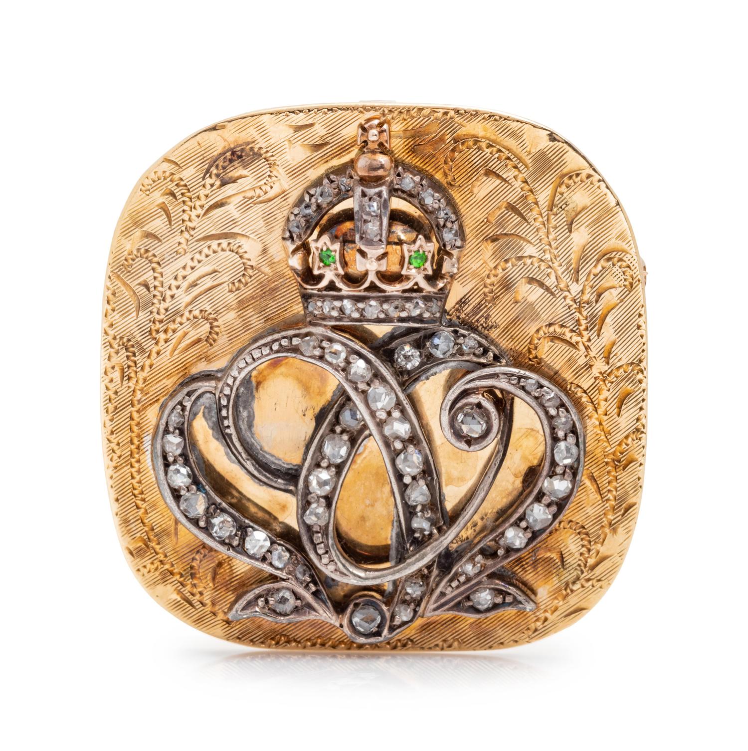 A Yellow Gold, Silver, Diamond and Green Garnet Crown Pendant/Brooch,