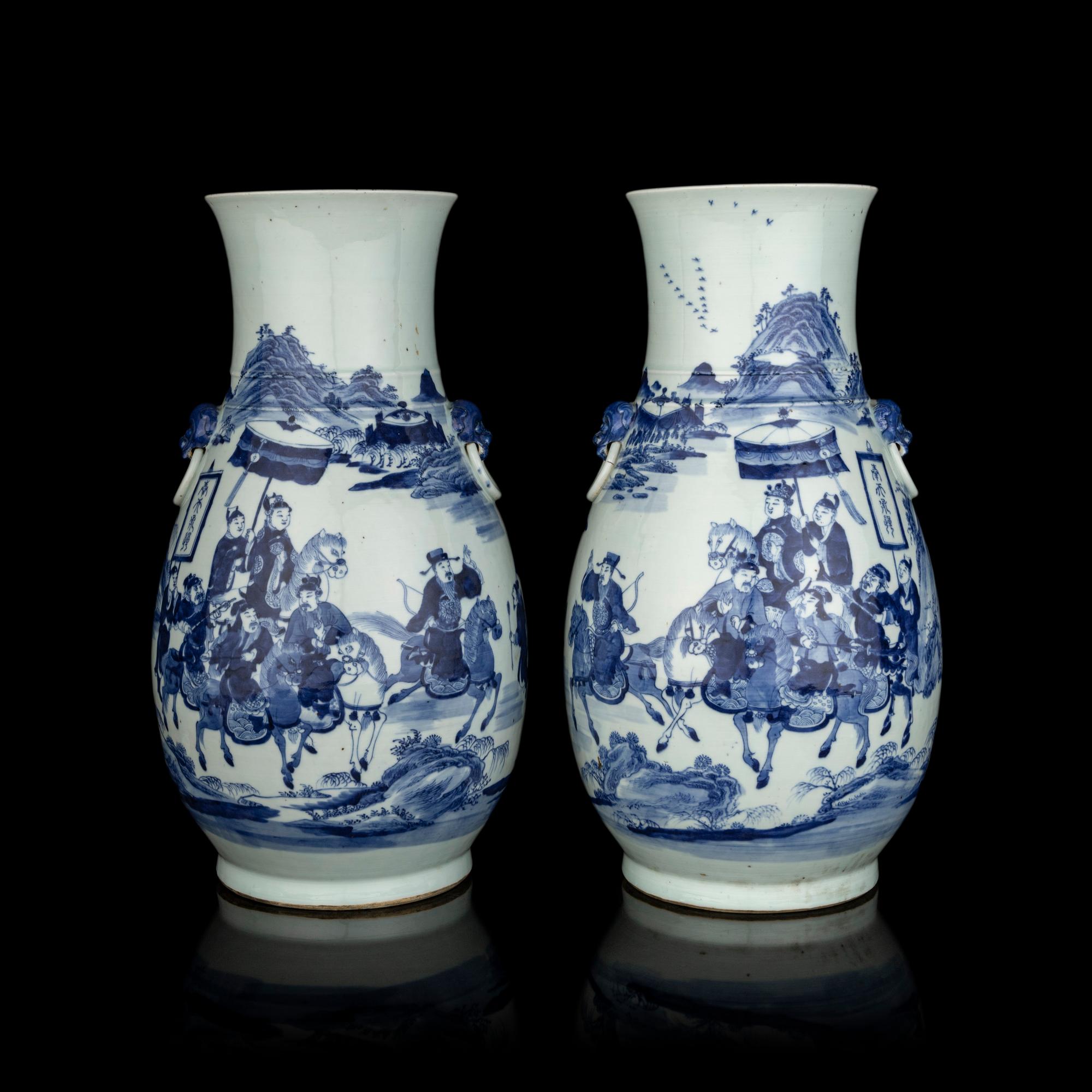 A Large Pair of Chinese Blue and White Porcelain Hu -Form Vases