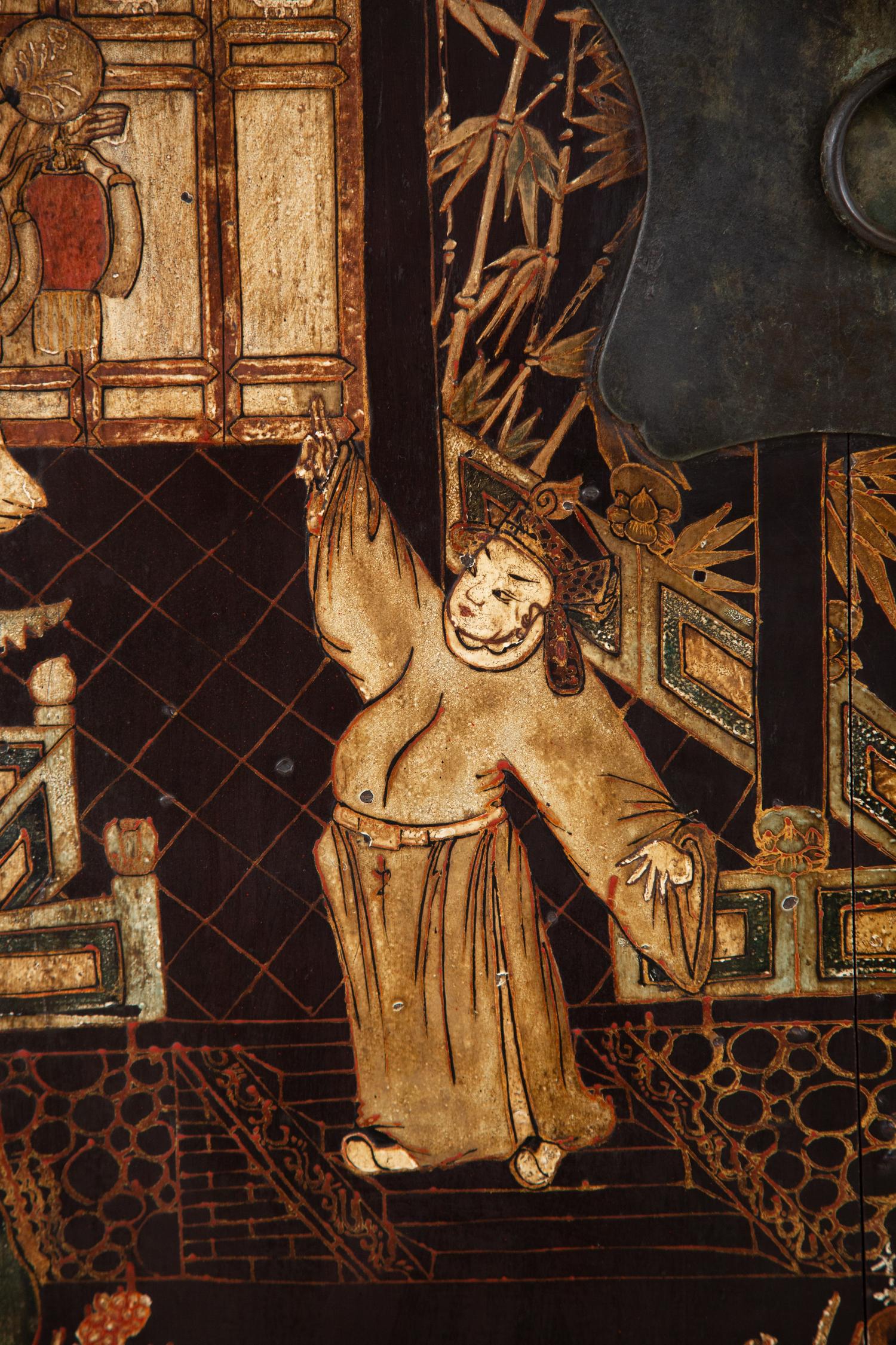 A Chinese Black Lacquer and Polychrome Scholar's Cabinet