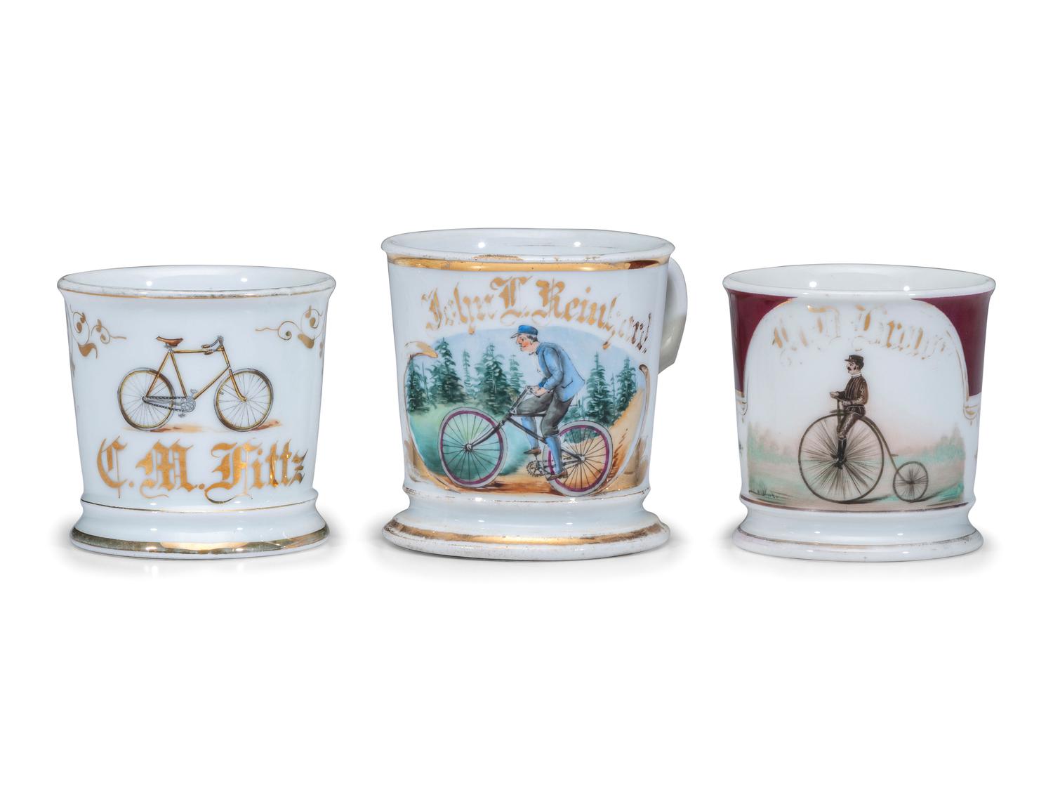 Three Cyclist's Porcelain Shaving Mugs