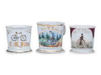 Three Cyclist's Porcelain Shaving Mugs