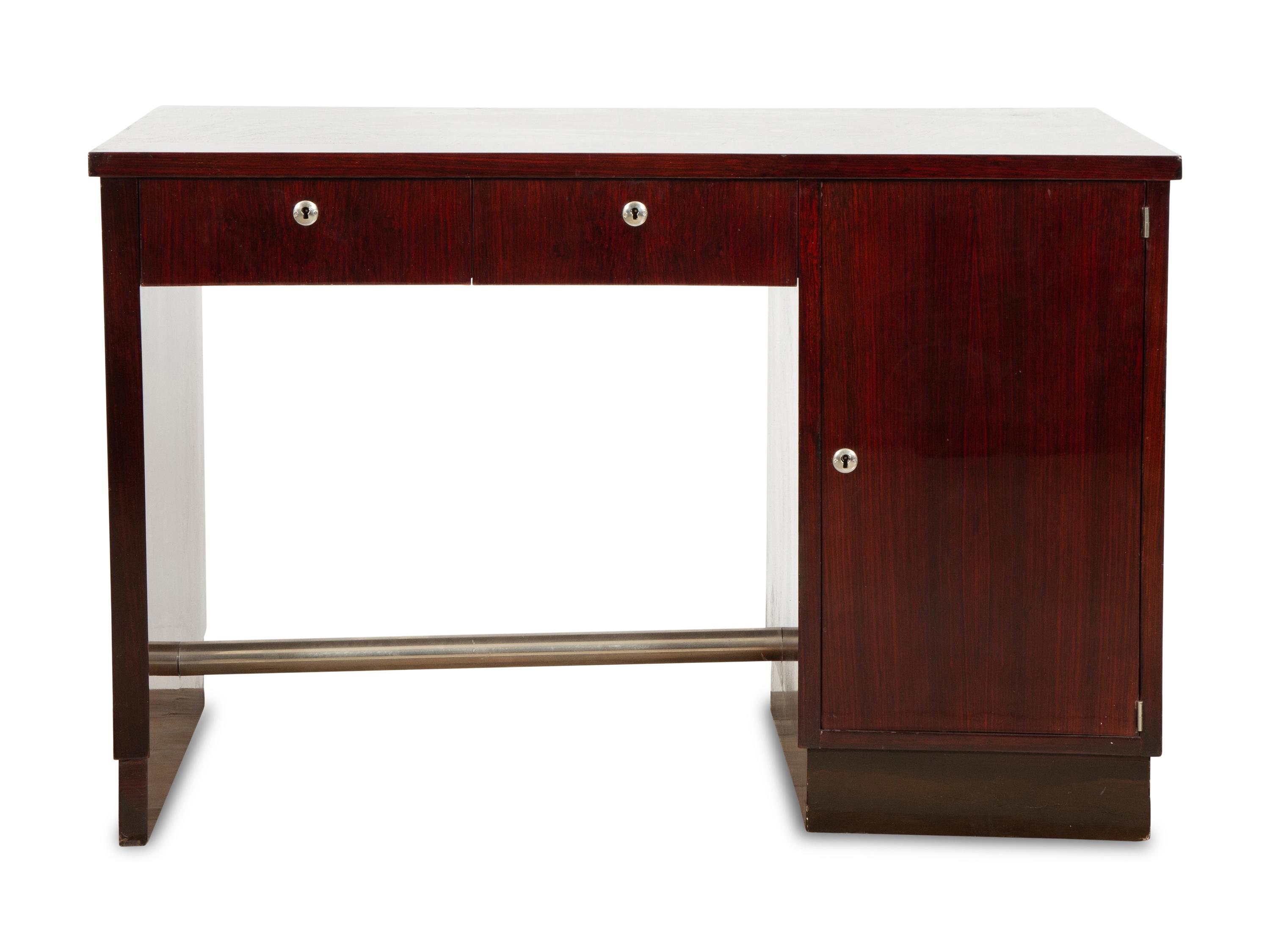 An Art Deco Style Chrome Metal-Mounted Lacquered Wood Desk