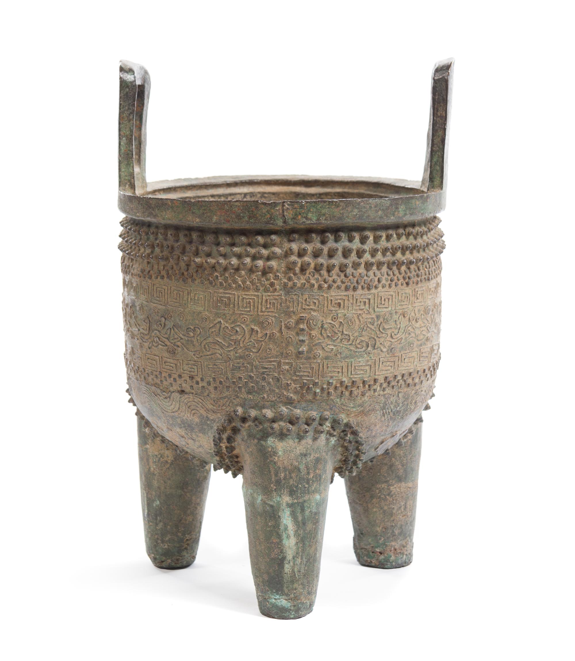 A Large Chinese Archaistic Bronze Ritual Vessel,Ding MING DYNASTY OR EARLIER Height 20 1/2 inches. — MING DYNASTY OR EARLIER