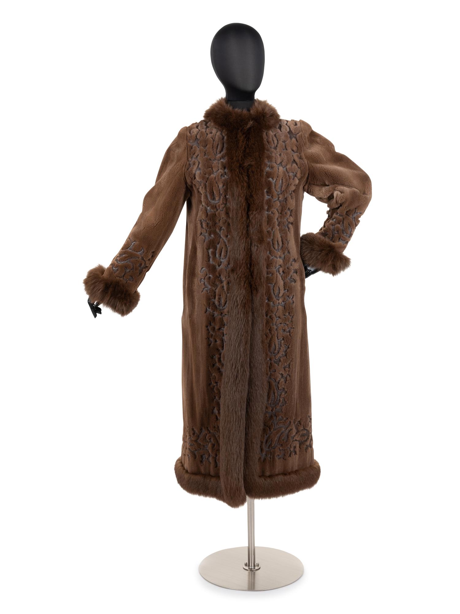 Unlabeled Sheared Mink Fur Coat with Brown Leather Appliqués, 1980-90s